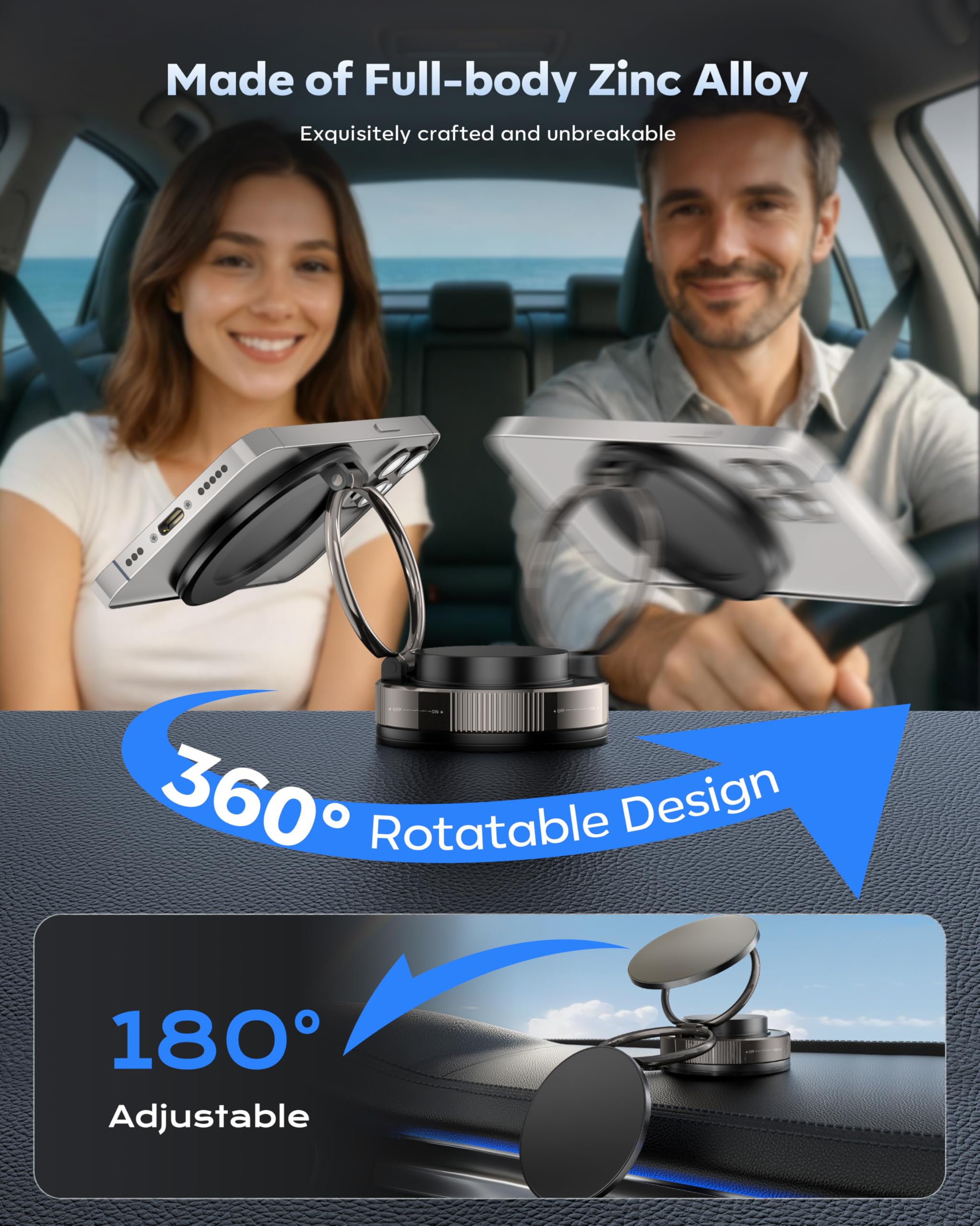 Vacuum Magnetic Phone Holder for Car,2800gf Strong Magnetic Phone Mount,360° Adjustable & Reinforced Suction Cup for Dashboard/Gym/Mirror,Car Phone Holder Compatible with iPhone Android(Black)