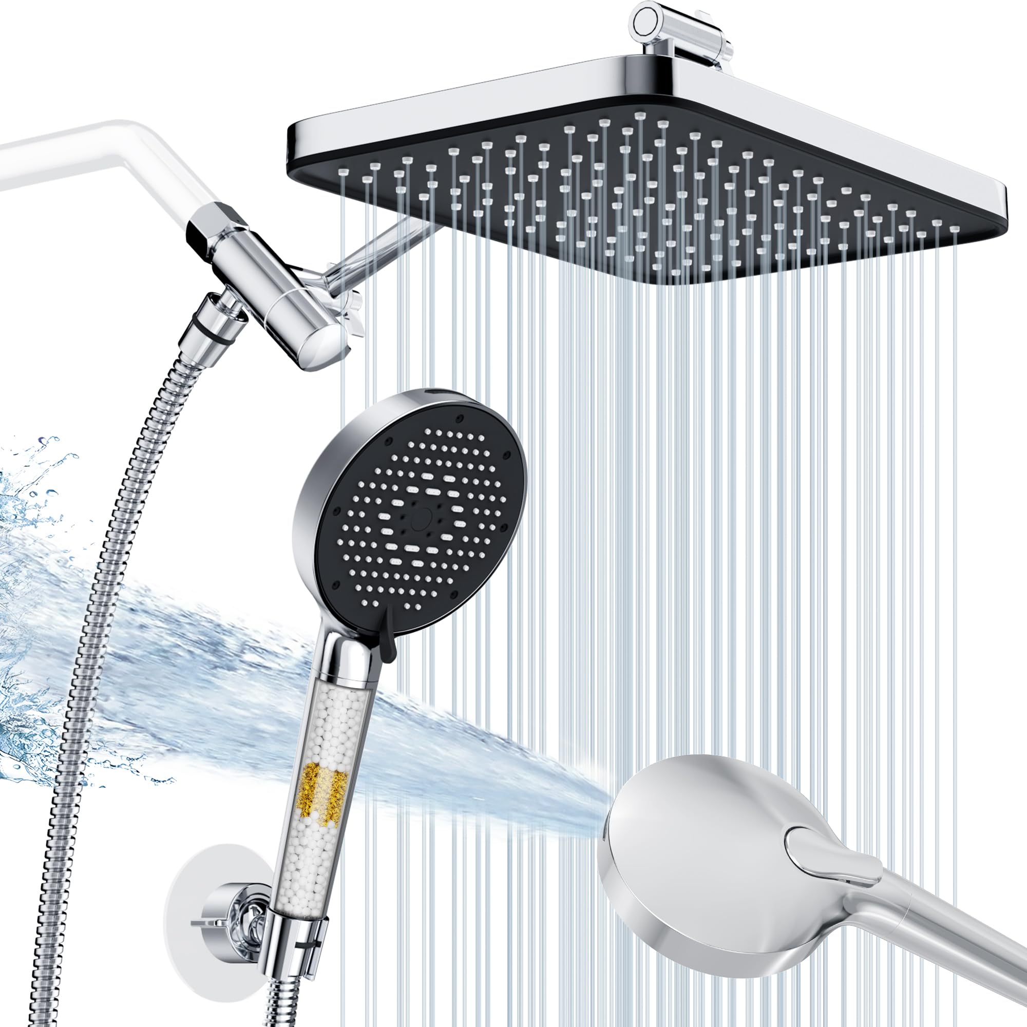 Photo 1 of 12 Inch Wide Rain Shower Head with Filtered Handheld Combo, High Pressure Rainfall Shower Head, 9 Spray Modes Handheld with 9-Inch Extension Arm, Comes with Filter Removes Chlorine (Chrome)