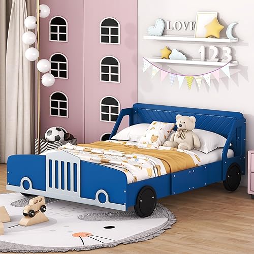 Miniatura 177 de Cama de plataforma en forma de auto de carreras con ruedas, cama de plataforma de madera tamaño individual con barandilla, cama de plataforma para