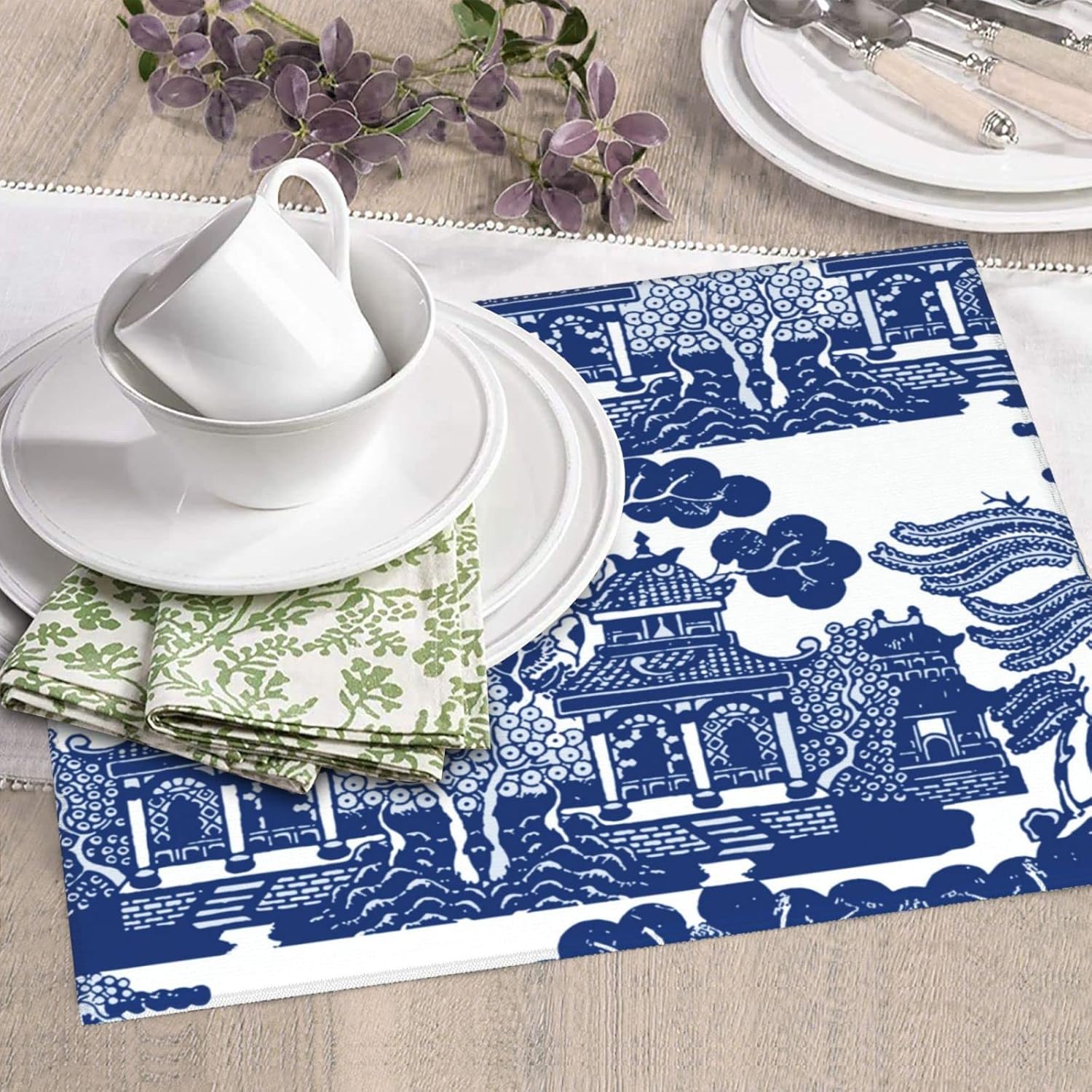 Generic Blue Willow Chinoiserie Porcelain Inspiration Dish Drying Mat For Kitchen, 16" X 18" Rectangular, Absorbent Pad For Counter, Reversible Microfiber Sink Mat, Easy To Clean