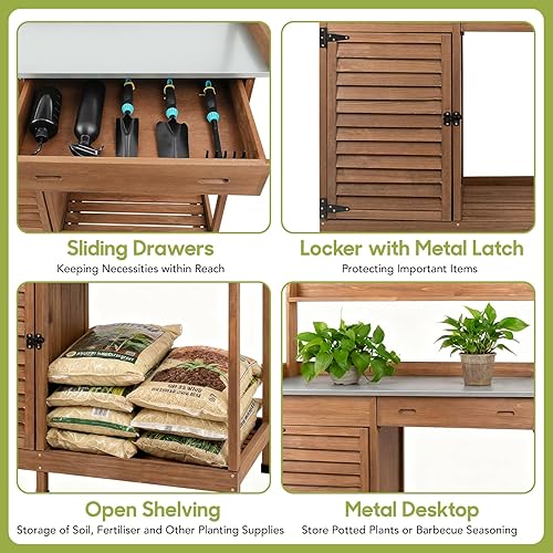 Miniatura 5 de Mesa de banco para macetas al aire libre, estación de trabajo de jardín de madera resistente a la intemperie con cajón deslizante, parte superior de