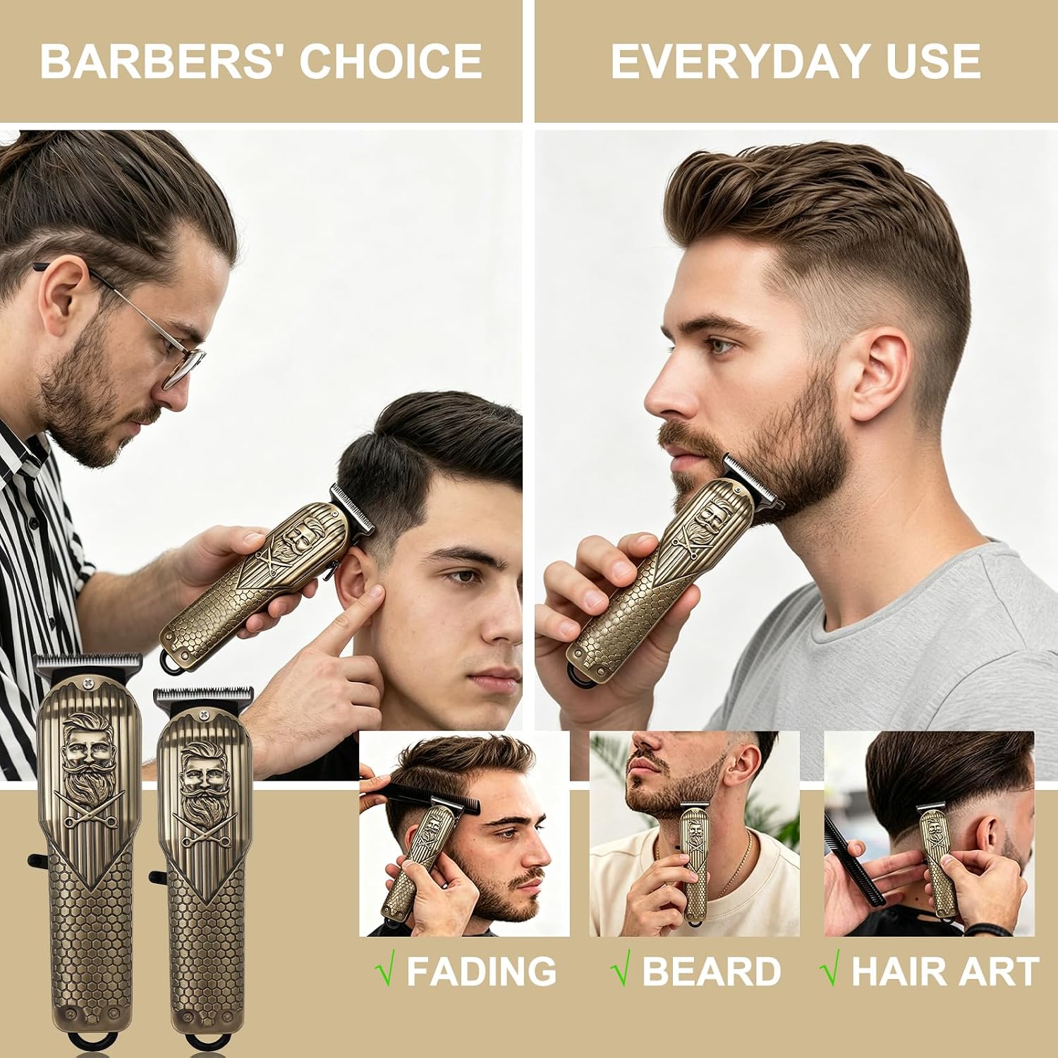 VANBAR Men’s Beard Trimmer, Bronze Vintage Old Man Face Design Metal Body Cordless Rechargeable, Professional Hair Clipper & Grooming Kit for Men, Unique Gifts for Him Husband Dad Father‘s Day