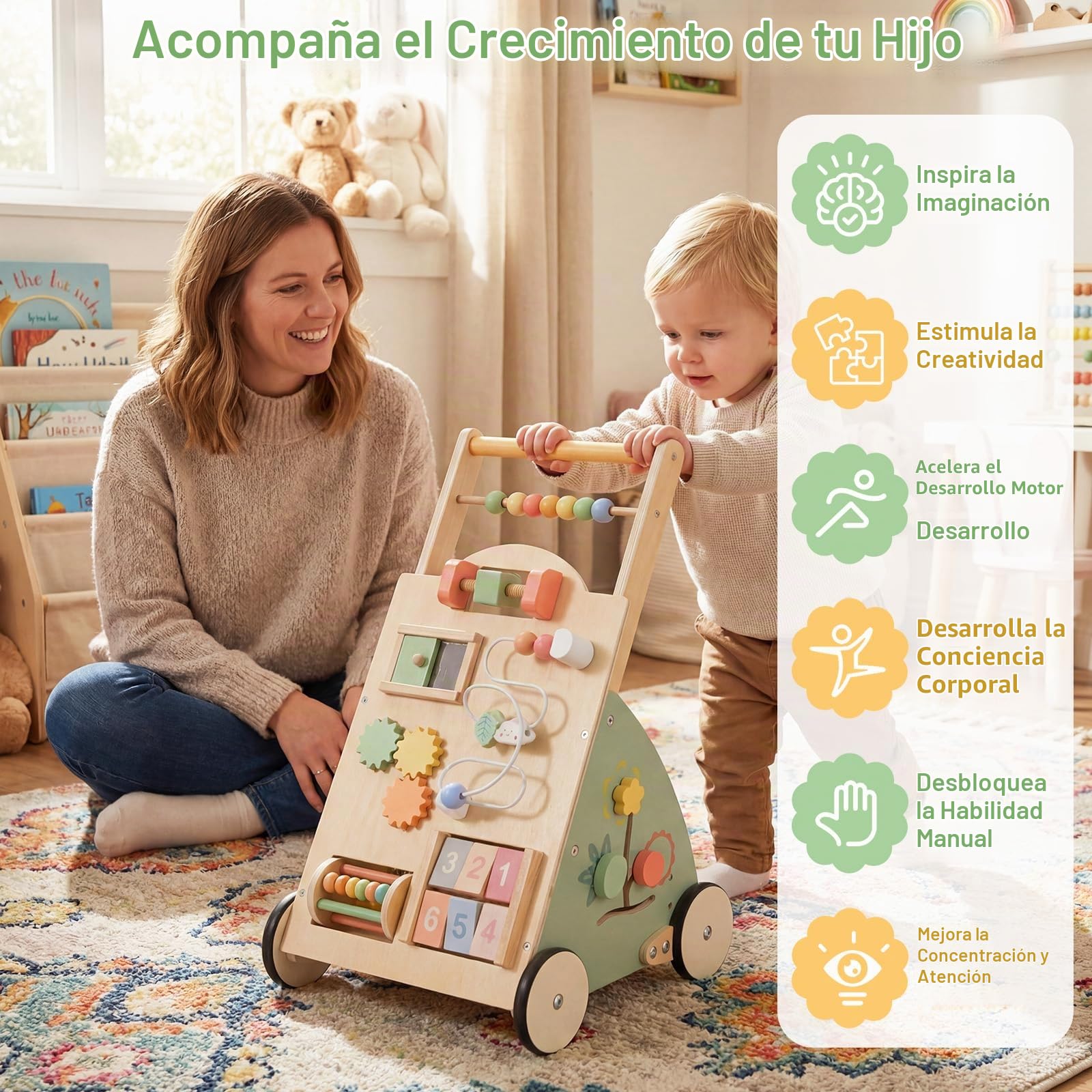 FANTASK Andador de madera para bebé a partir de 1 año, andador con tabla de actividad, ruedas y cesta de almacenamiento, centro de actividades Montessori