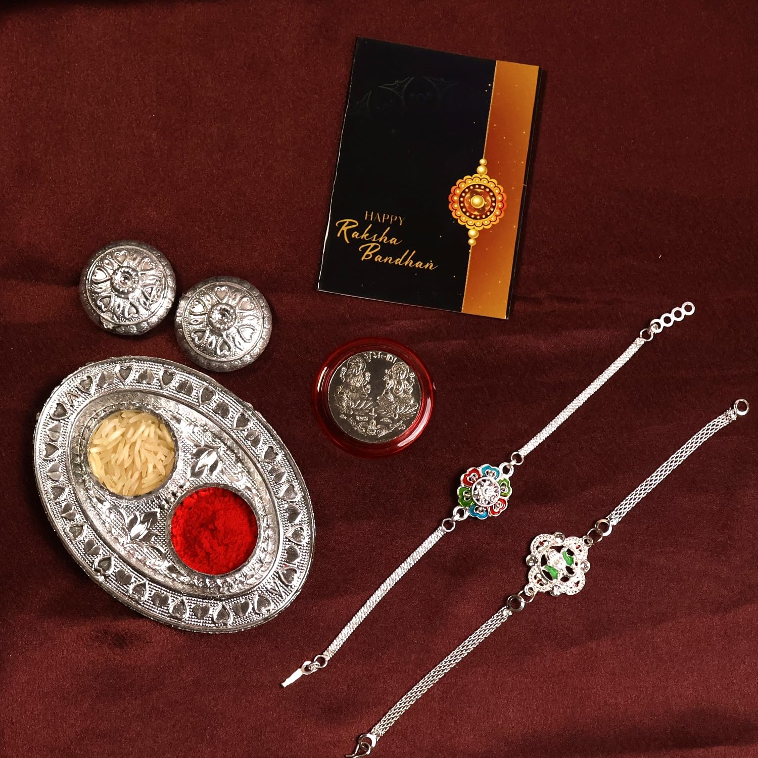 Oblivion Pooja Thali with Rakhi Set for Brother – Lord Ganpati & Flower Shaped Rakhi Set of 2 with Silver Color Pooja Coin & Greeting Card, Traditional Raksha Bandhan Celebration Gift Combo for Bhai-picture-16