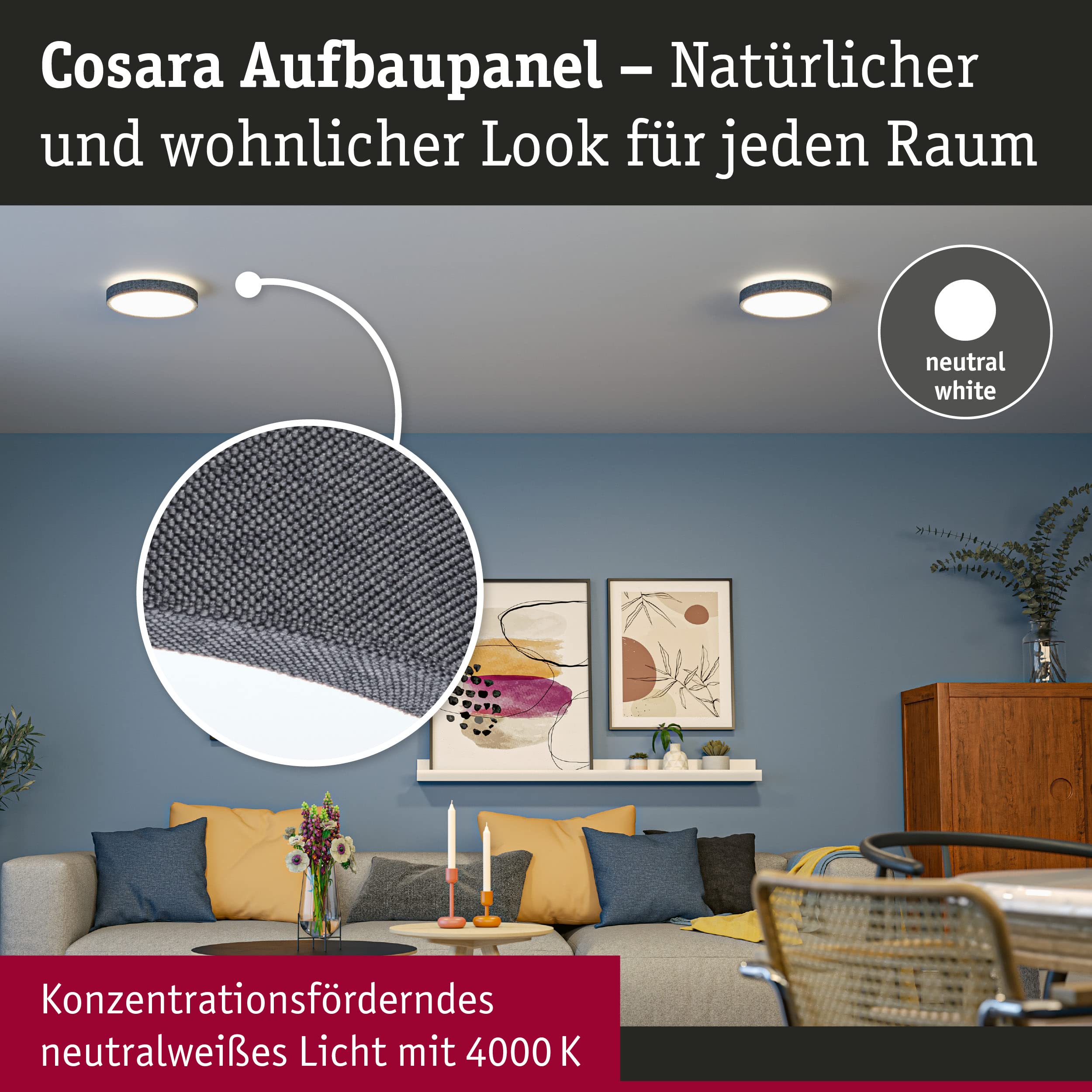 Paulmann 71055 LED Panel Cosara rund 15W IP44 1300lm 300mm Deckenleuchte in Dunkelgrau Kunststoff/Stoff 4000K Badleuchte