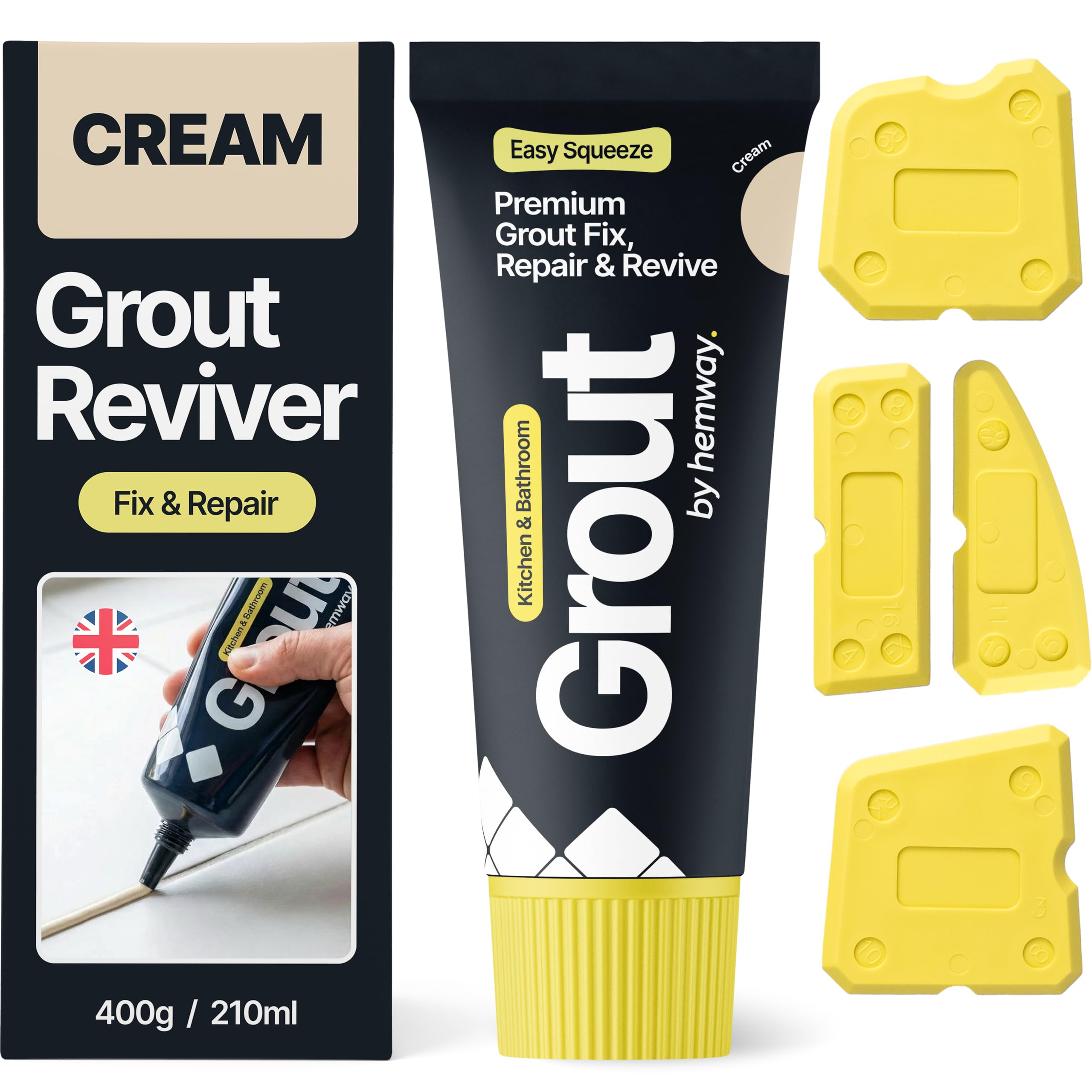 Hemway Cream Grout Reviver Kit | Ready Mixed Grout Repair 400g / 210ml with 4 Piece Profiling Tool Kit | Wall & Floor Tile Adhesive, Kitchen Bathroom Shower, Anti-Mould, Fast Drying