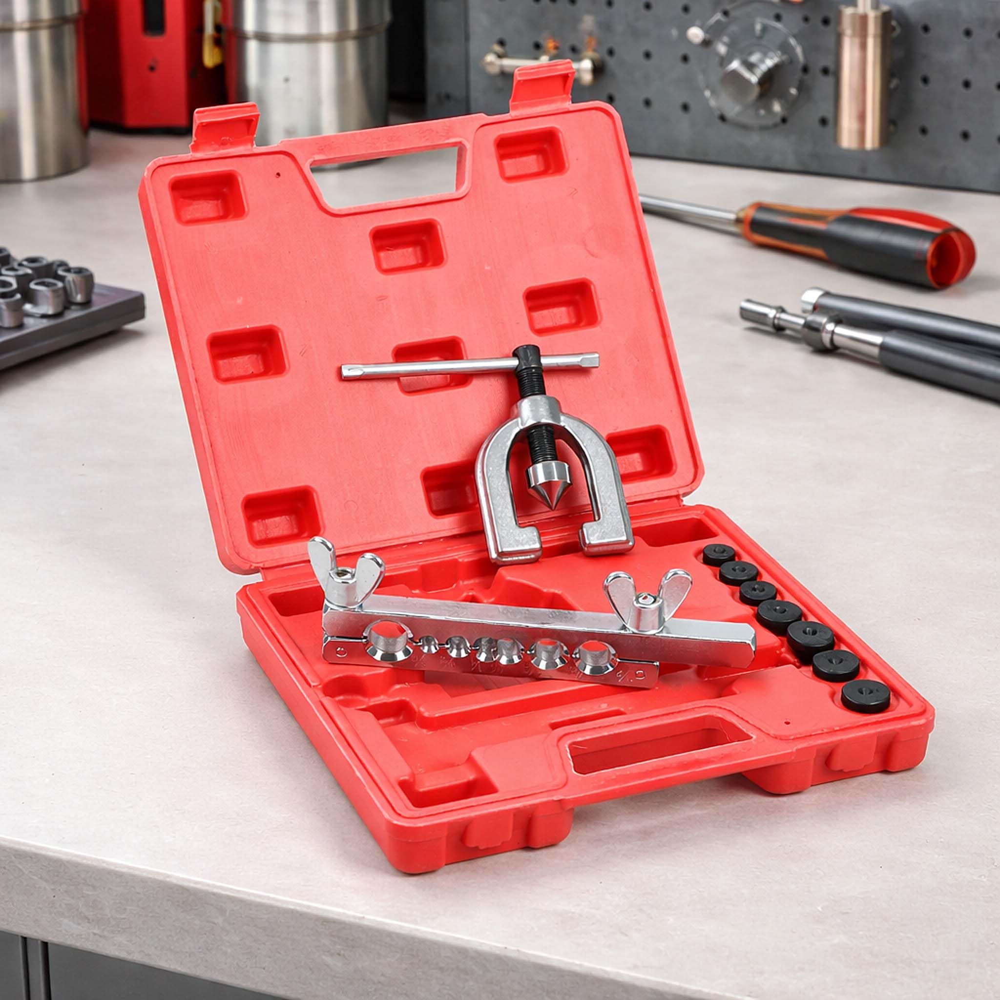 WilTec Herramienta para abocardar Tubos de Aluminio y Cobre, Doble 45° con mordazas y 7 Piezas de presión