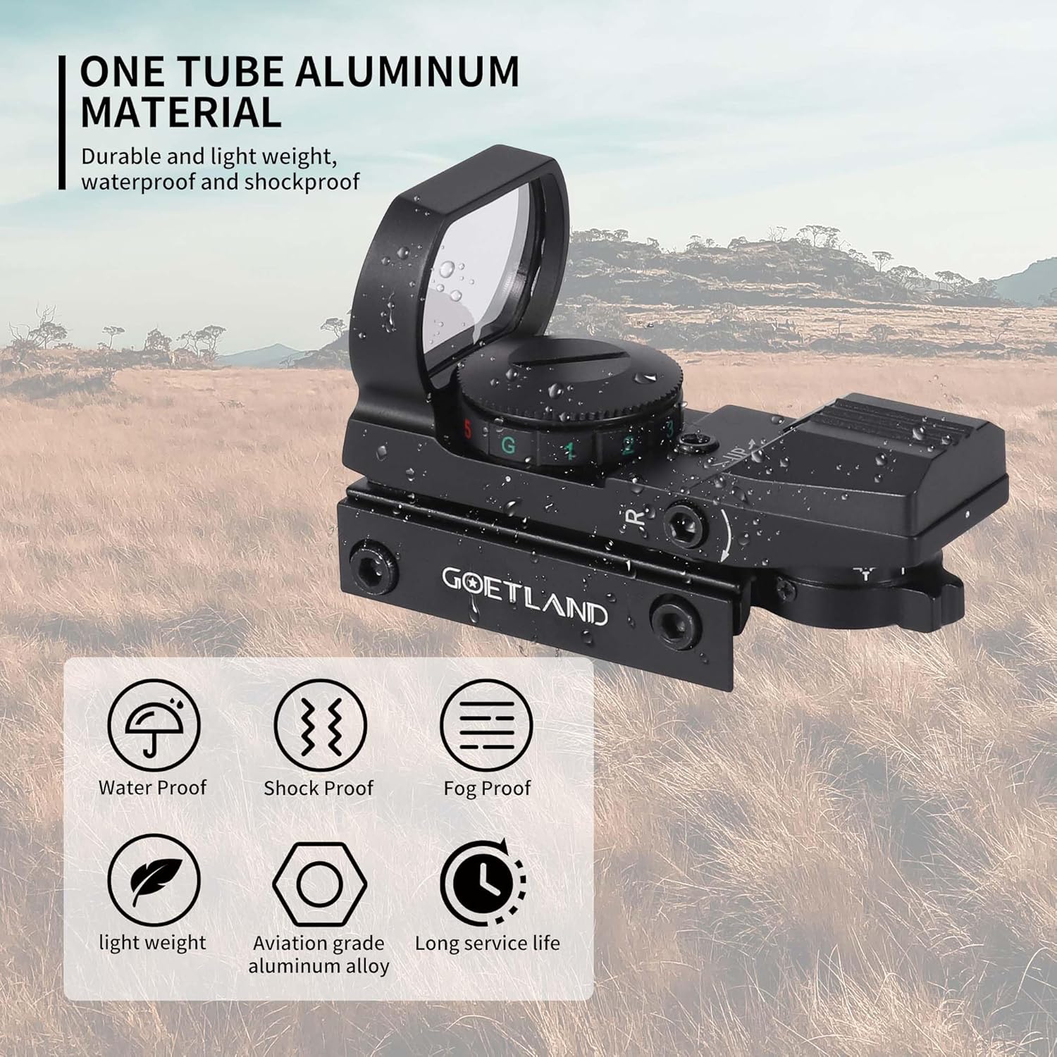 Goetland Reflex Sight Adjustable 4 Reticle Patterns Green Red Dot Illuminated 33mm Lens with 20mm Rail for Airsoft Tactical Hunting