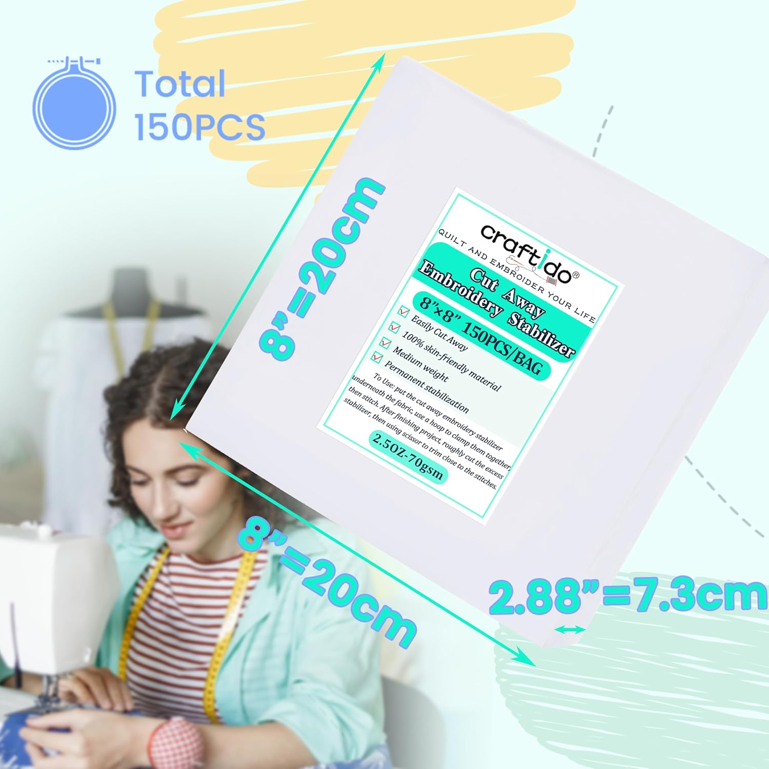 Craftido 8"x8" 150 Sheets Cut Away Embroidery Stabilizer Backing for 4x4 and 6x6 Hoops 2.5oz Medium Weight for Machine Embroidery and Hand Sewing