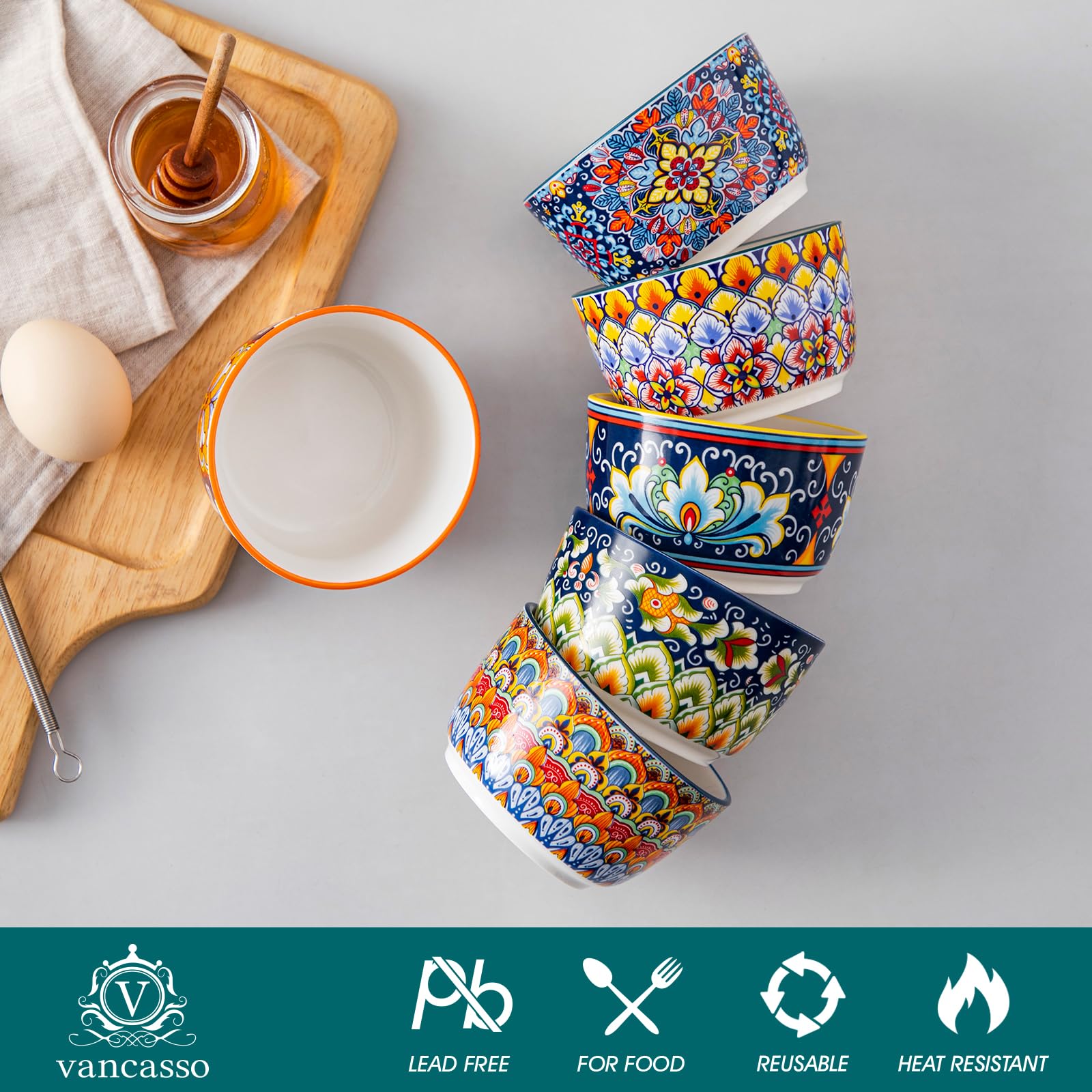 vancasso Creme Brulee Schälchen 240ml, SIMI Souffle Förmchen Backofenfest, Ofenfeste Förmchen 6er Set, Creme Brulee Schalen, Keramik Ramekins für Ragout Fin Schalen, Vibrant Bohemian Mini Auflaufform