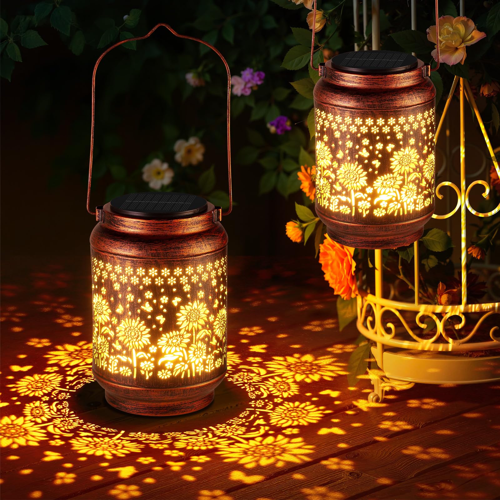 BUCASA 2 Pack Birthday Gifts for Women, Garden Ornaments Outdoor Sunflower Solar Lanterns for Outside, Waterproof Hanging Garden Solar Lights Christmas Presents Mothers Day Gifts for Mum Grandma Red