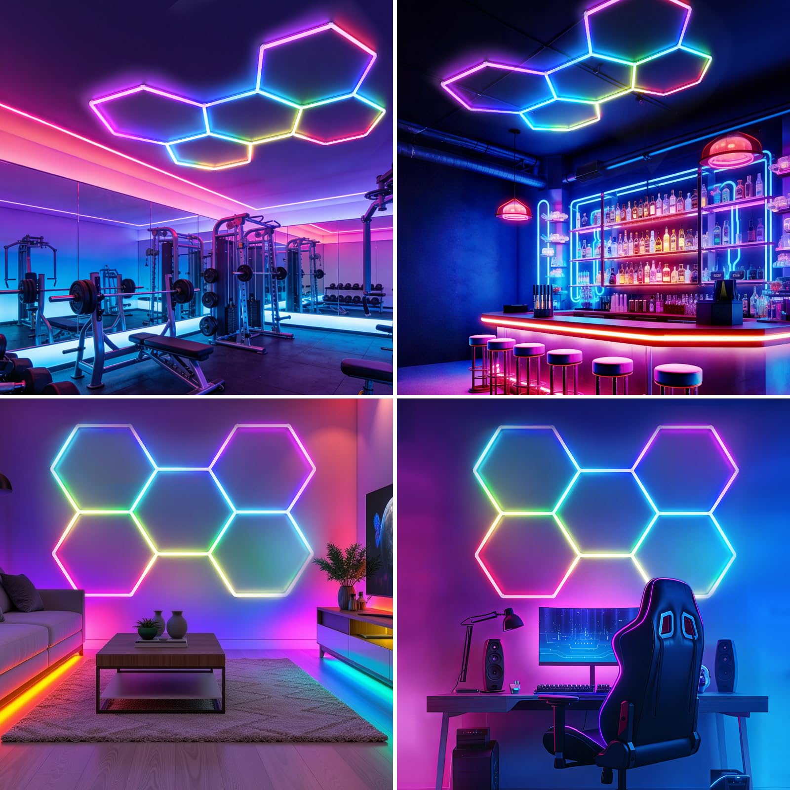 RGB LED Hexagon Deckenleuchte 5 Hex 216W dimmbare Garagenlampe | Musik-Synchronisationsmodus, App- & Fernbedienung Farbwechsel Wabenleuchte für Gaming-Zimmer Fitnessstudio Garage Bars Partei