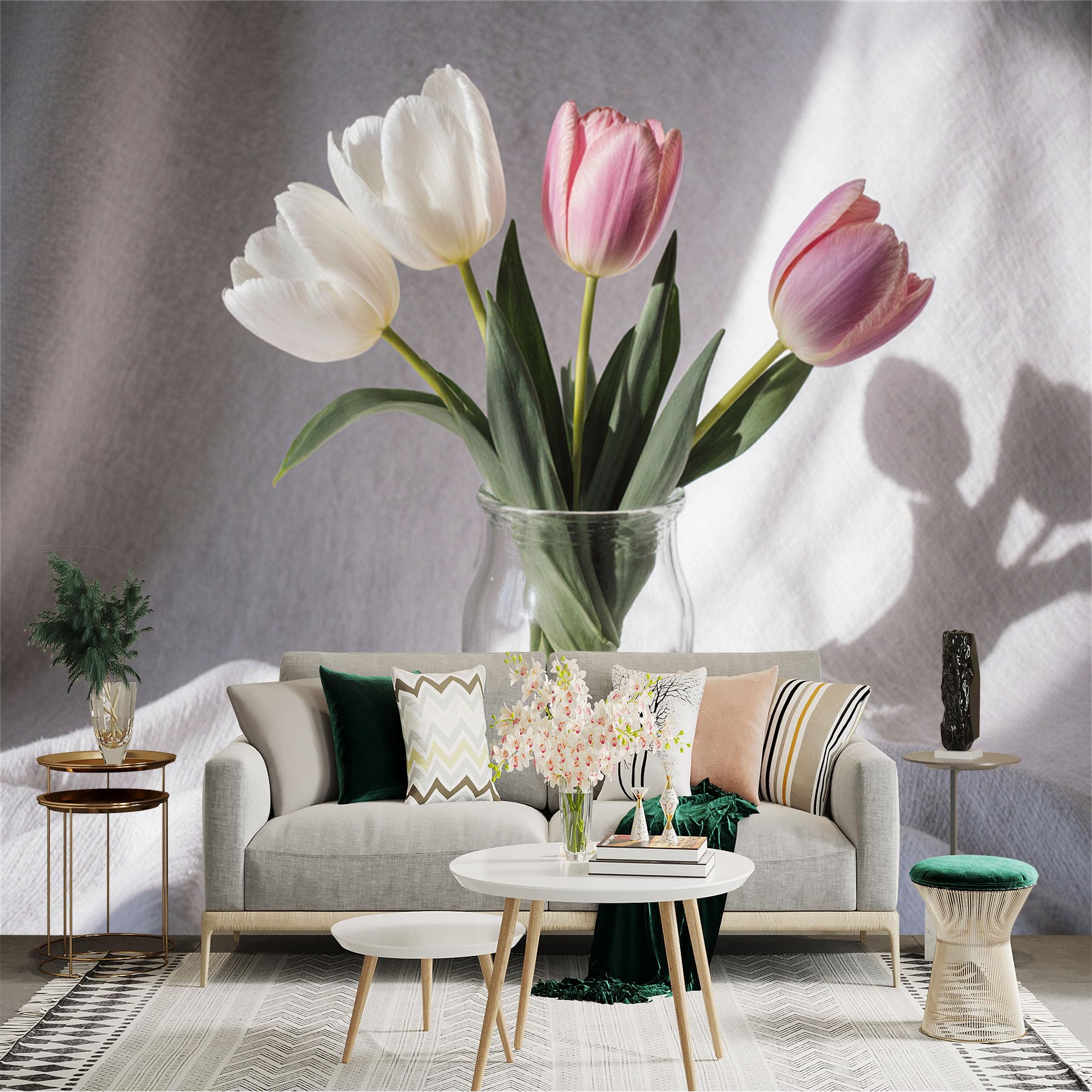 Custom Size Wall Sticker Mural， Soft White and Pink Tulips in Glass Vase， Elegant Floral Art， Sunny Light Aesthetic， for wall Decoration， peelandstick wall Decals.