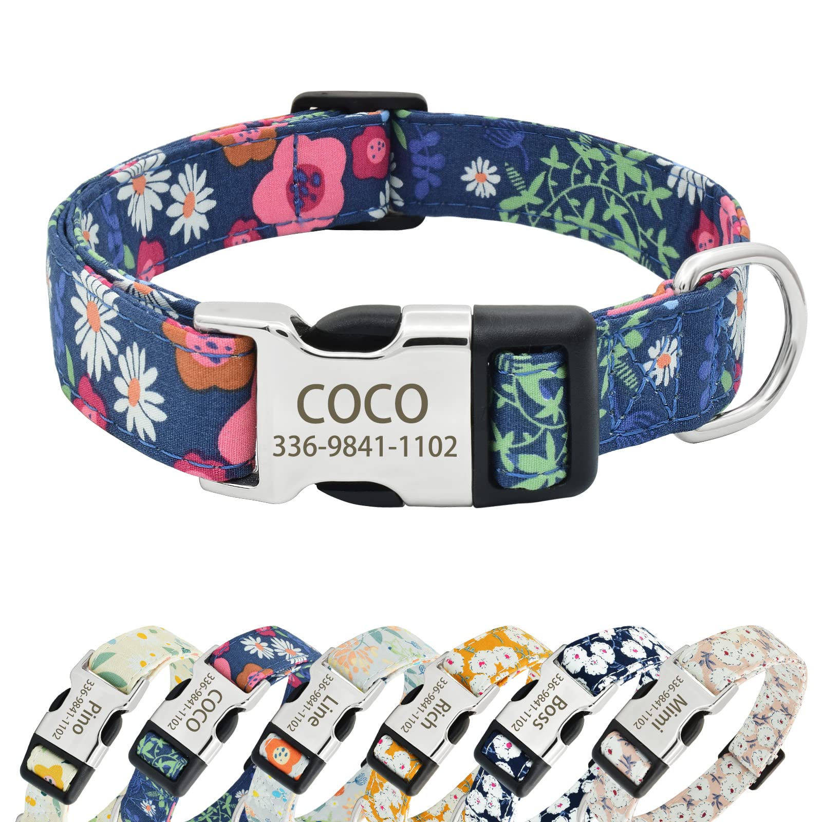 Senristar Personalised Floral Dog Collars with Name, Custom Flower Print Dog Collars with Engraved Buckle for Small Medium Large Dogs (L(Width:1.0'' Neck:14.0-22.0''),Blue Floral)