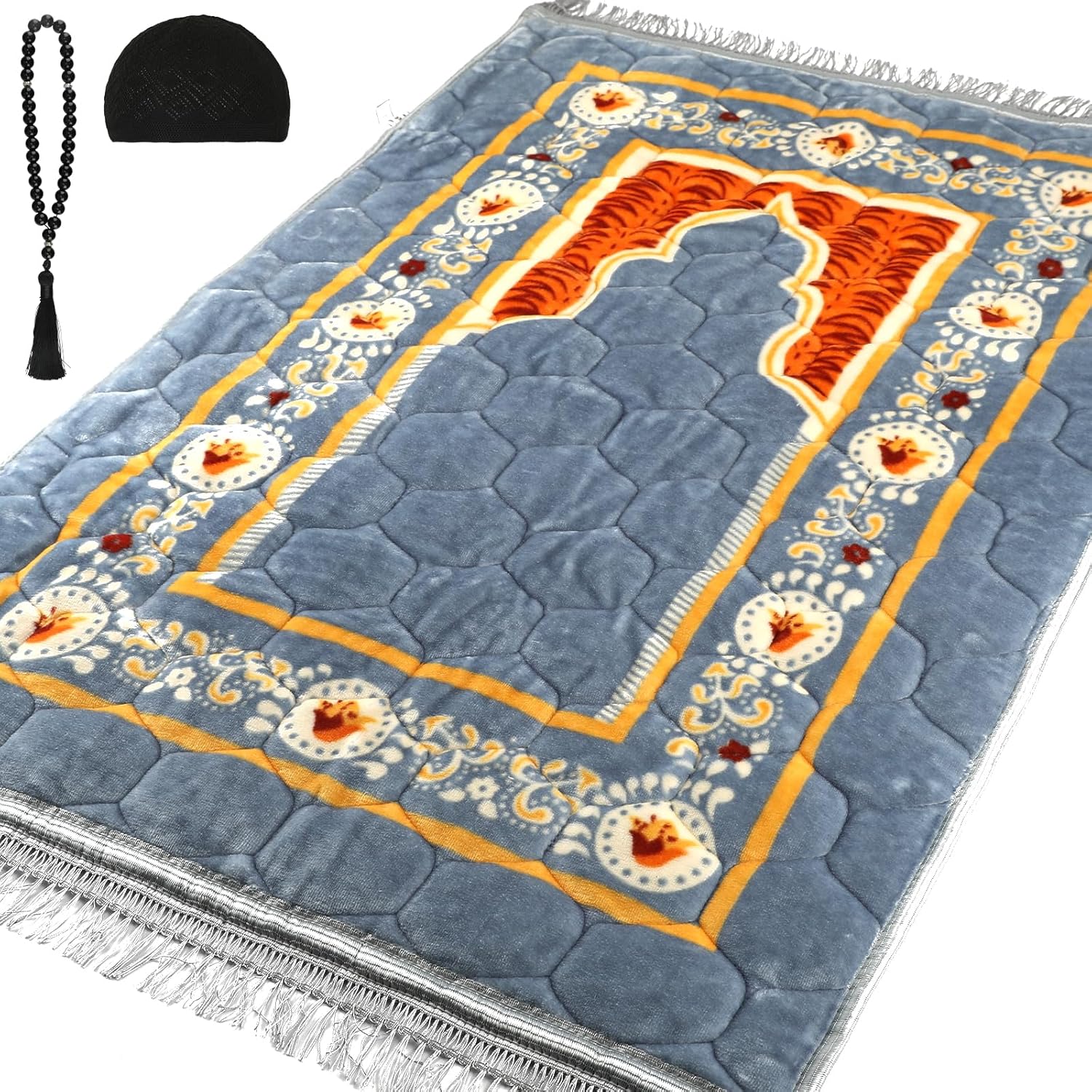 Muslim Prayer Rug with Tasbih Prayer Beads & Kufi Hat, Padded Very Thick Prayer Rug Sajadah for Men and Women (Gray1)