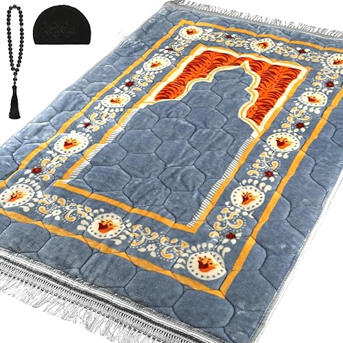 Alfombra de oración musulmana con cuentas de oración Tasbih y sombrero de kufi, acolchada muy gruesa, alfombra de oración para hombres y mujeres