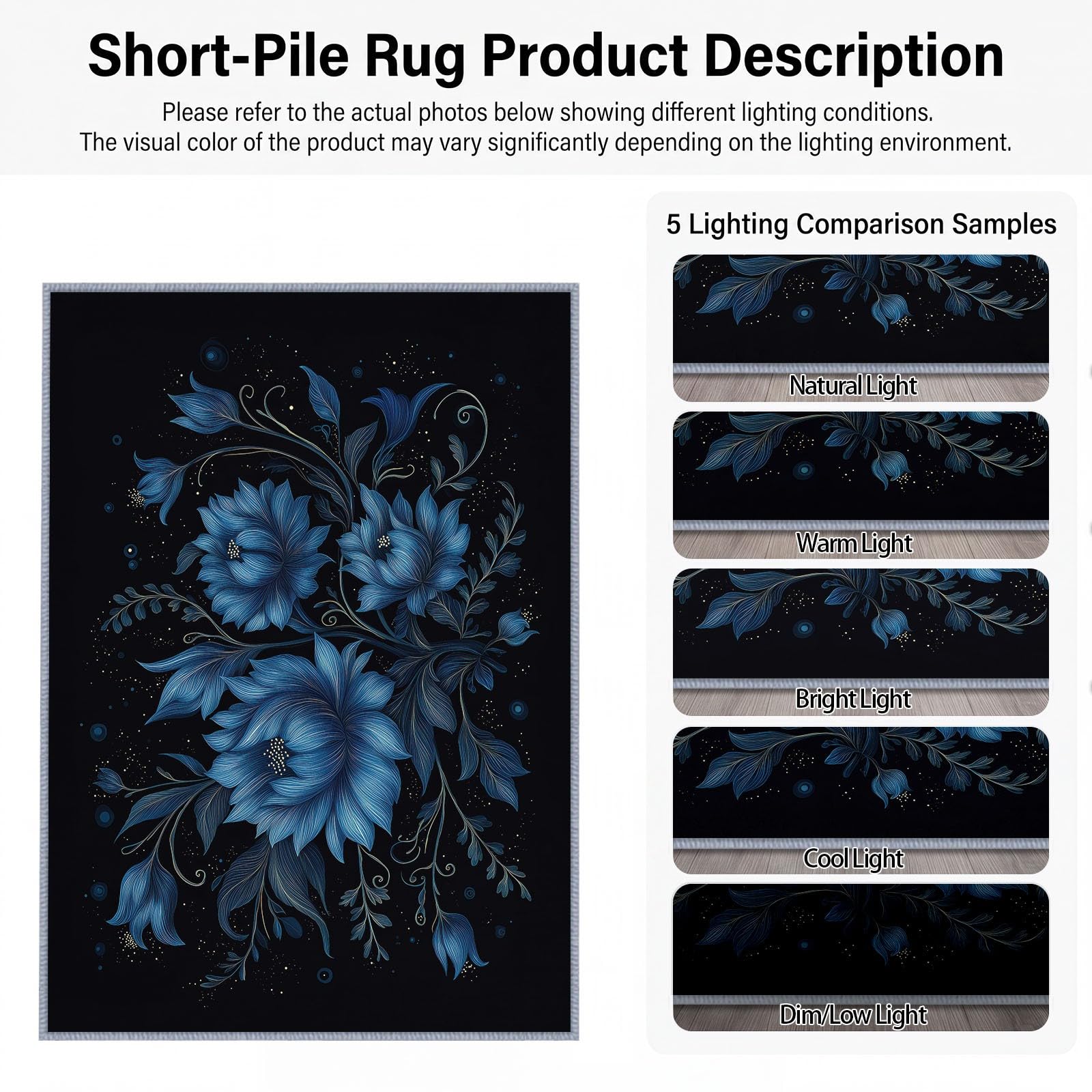 Kurzflor Teppich Wohnzimmer Minimalistisch Floral Blume Flauschig Weiche Anti Rutsch Unterseite Teppiche für Kinderzimmer Schlafzimmer Küche, Pflegeleicht Waschbare Fußmatte, Blau, 180 x 240 cm