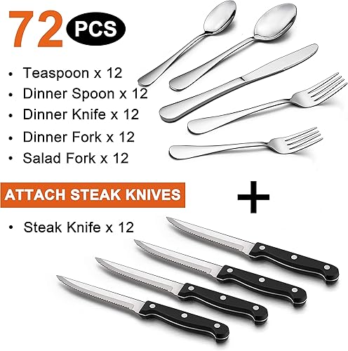 Miniatura 2 de LIANYU Juego de cubiertos de 72 piezas con cuchillos para carne, cubiertos de acero inoxidable para 12, utensilios de cocina elegantes, aptos para