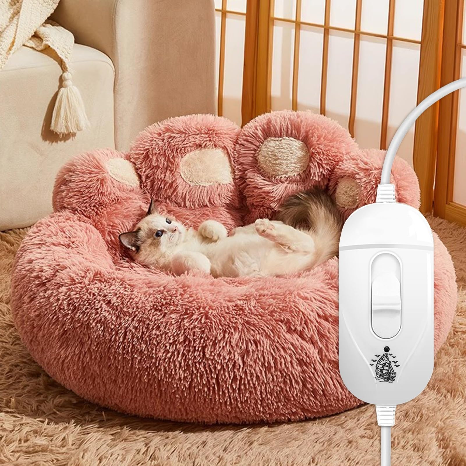 Lit chauffant pour chat avec cordon anti-mâchouillement et rembourrage coton PP