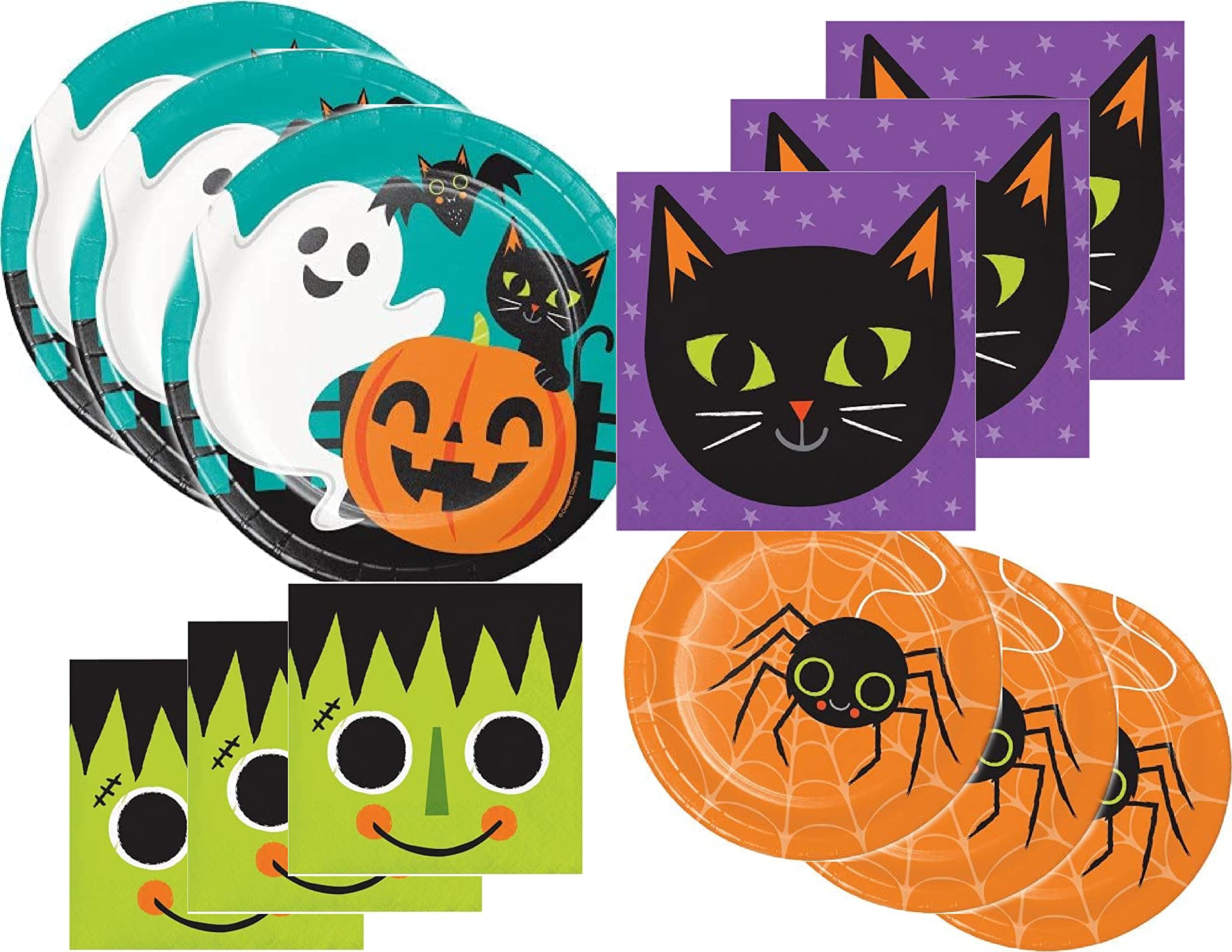 BlackLabel Direct Non-Scary HalloweenDisposable Plates and Napkins Bundle for 16 Guests - Fun Halloween Multicolor