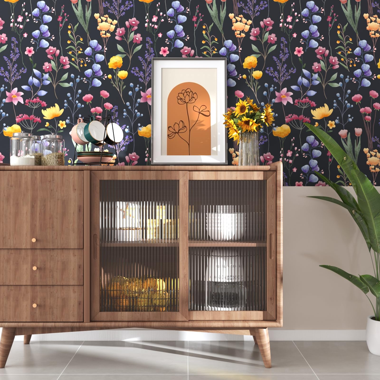 VOLEAAR Floral Peel Stick Wallpaper Vintage Flower Contact Paper Boho Removable Easy to Paste for Countertop Cabinet Kitchen Shelf Liner Backsplash Dark Grey Black Purple 44.5CM x 1000CM - Image 3
