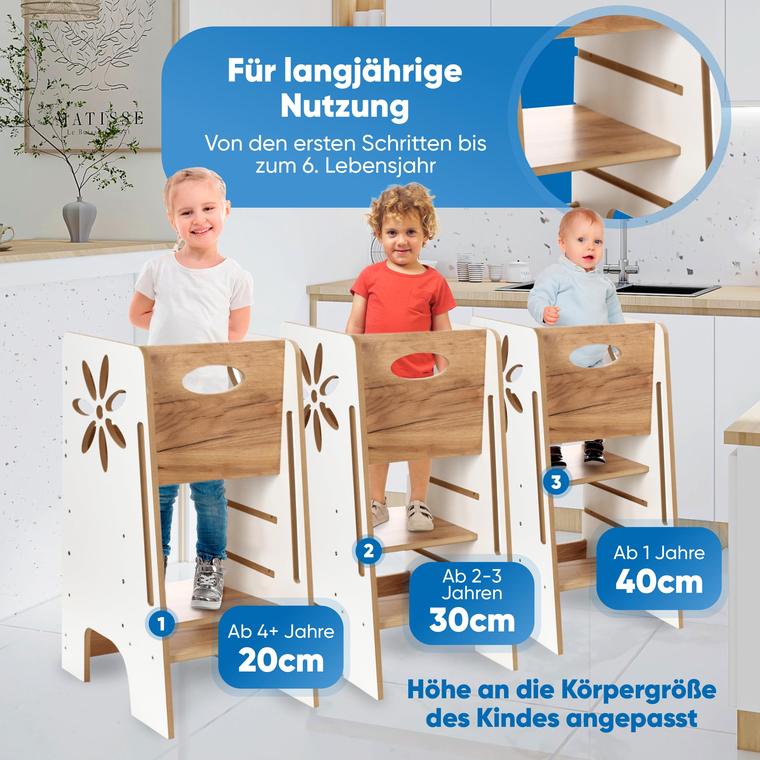 Kitchen Kids Helper Lernturm ab 1 Jahr - Höhenverstellbarer Lernturm Montessori Weiß und Eich 80cm - Sicherer Learning Tower für Kinder - Ideal für Küche & Bad - Stabile Konstruktion -Leichter Aufbau