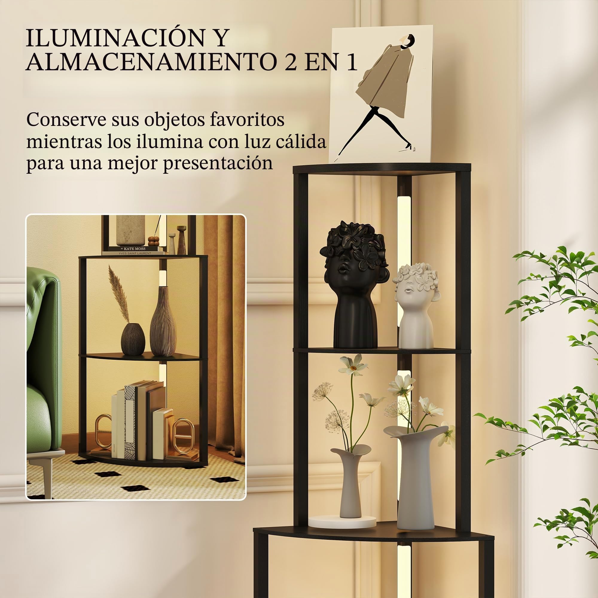 HOMCOM Lámpara de pie salón, lámpara de pie con estantes esquineros de 4 Niveles, Moderna lámpara LED, luminosidad Regulable, Interruptor de pie, para salón, Dormitorio, Oficina, Negro