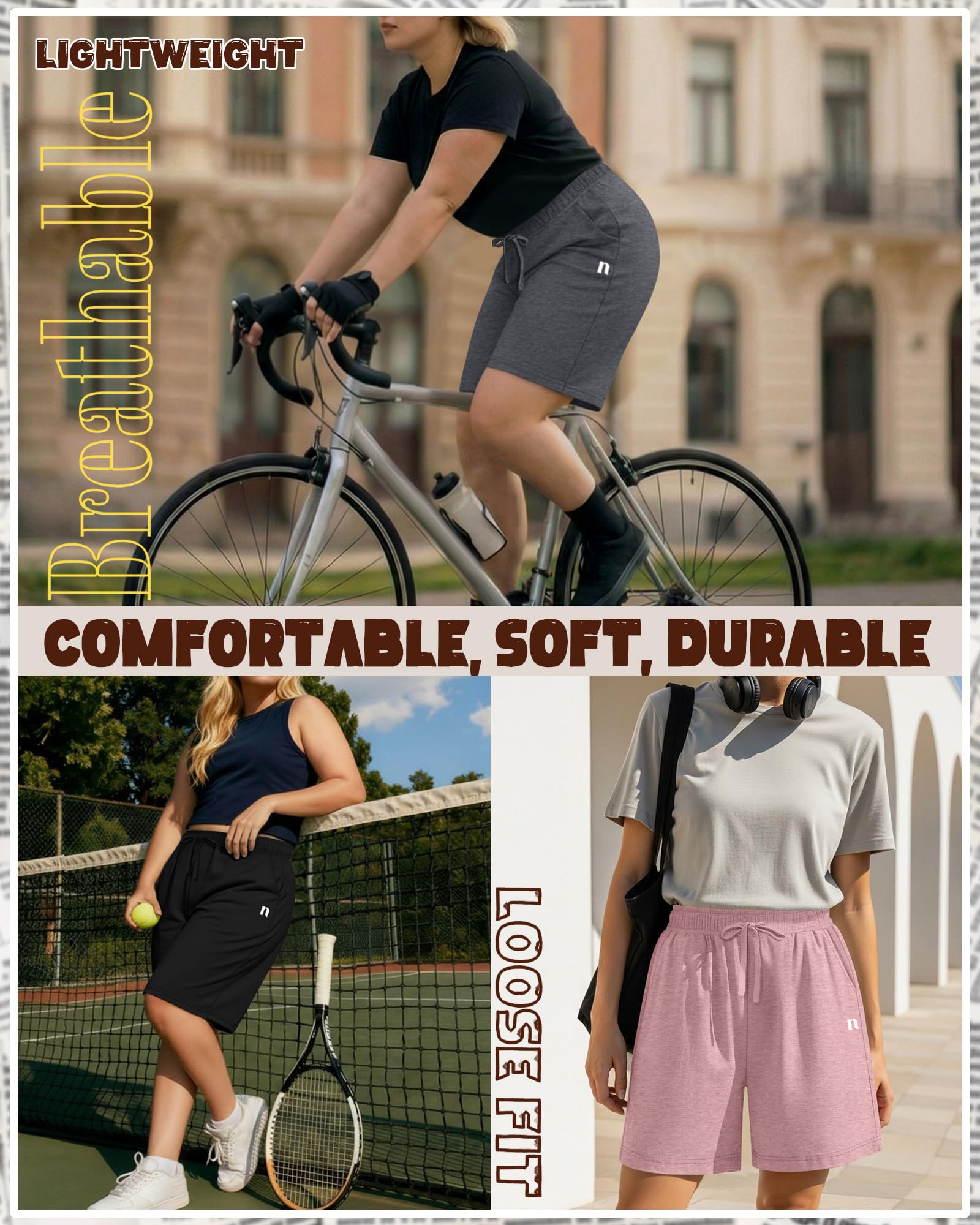 Neer 3er Pack Plus Size Damen Bermuda Shorts Baumwoll Kordelzug High Waist Lässige Sportliche Jogging Shorts mit Taschen