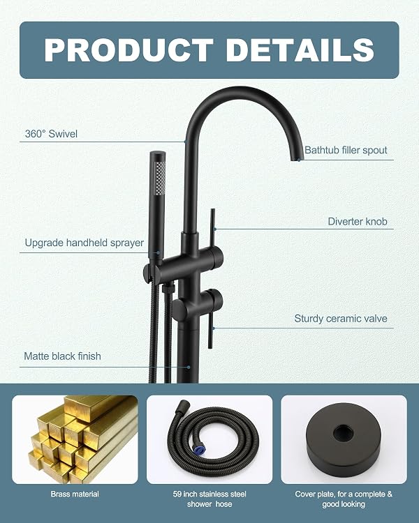 Freestanding Bathtub Faucet, Floor Mount Tub Filler with Handheld Sprayer by ARCORA - Used condition - Image 4