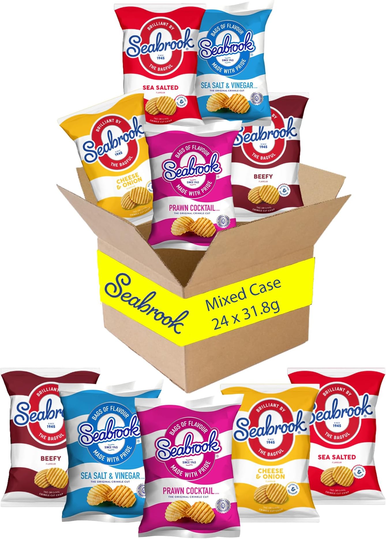 Crinkle Crisps Mixed Case – 24 Pack of 31.8g British Potato Chips, Assorted Flavours (4 Random Flavours) – Flavoured Crisps Variety Box, Ideal for Snacking