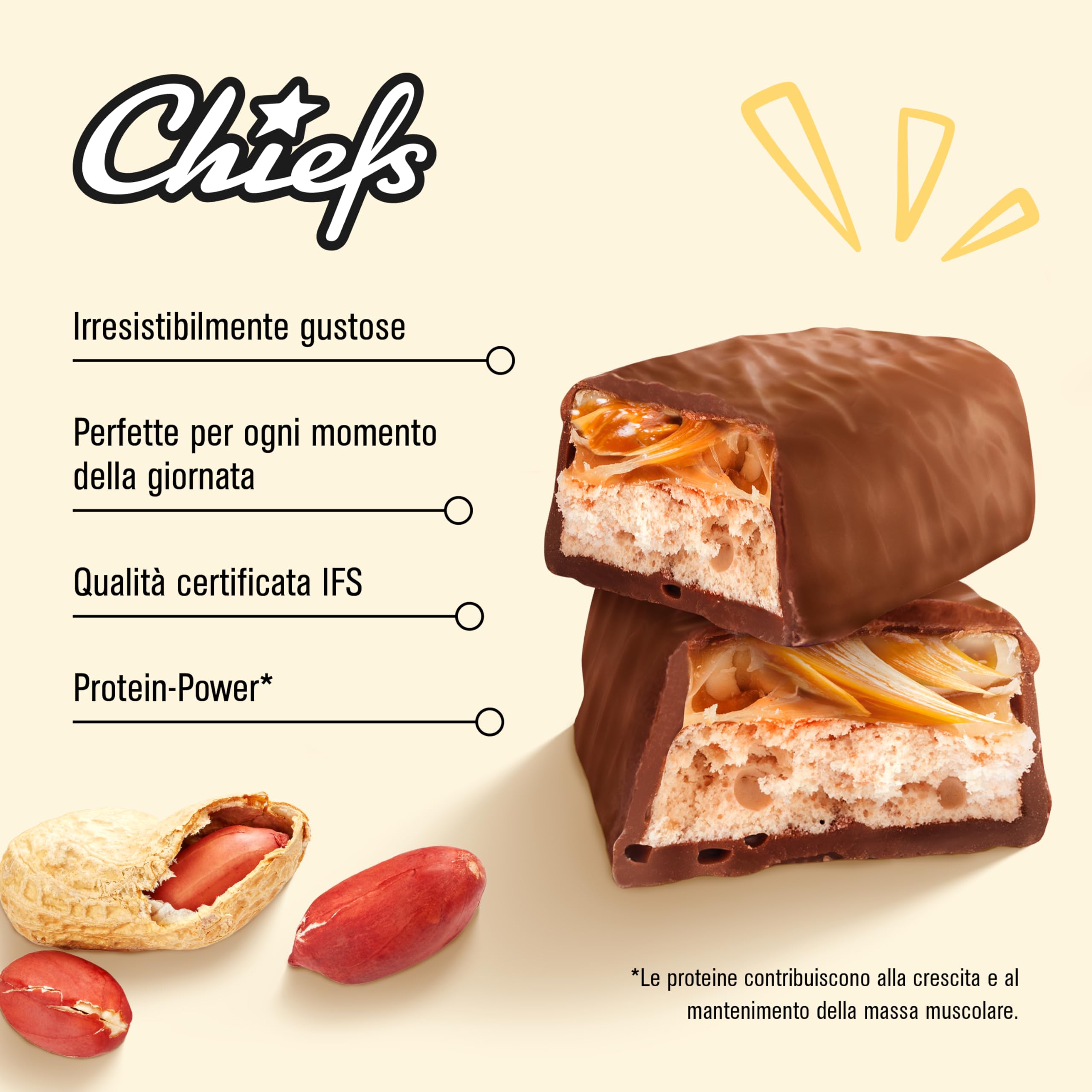 CHIEFS Protein Snack al Cioccolato, Barrette Proteiche, Per uno Spuntino Goloso e Per il Controllo del Peso, Per il Recupero Dopo lo Sport, 15 Barrette da 55g, Caramello alle arachidi