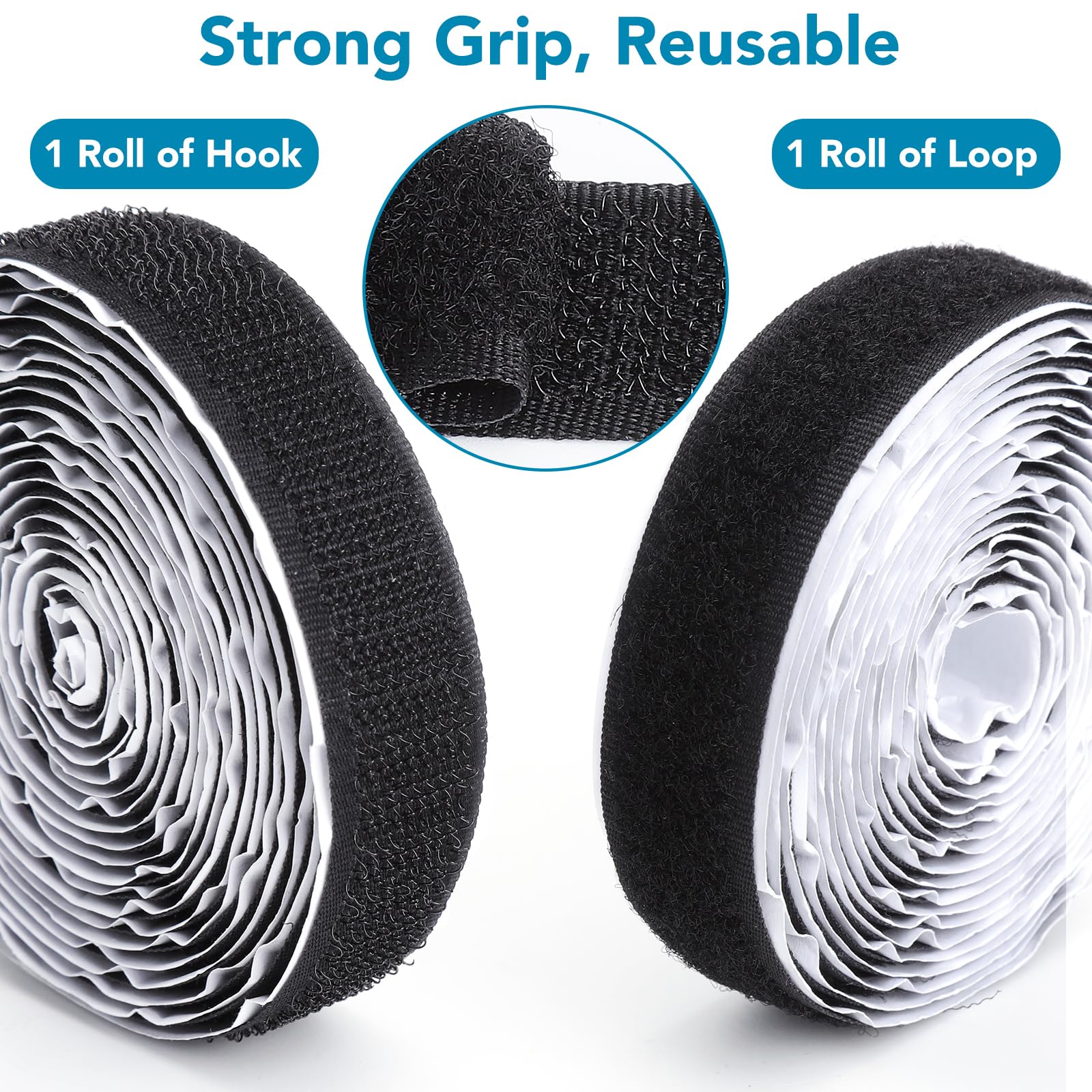 2 PCS Cinta Autoadhesiva de Gancho y Bucle Extra Fuerte con 1 Tijeras, 20mm x 6m Negro, Cinta de Cierre Doble Cara, Recortable para Alfombras Cojines Sofá Mosquiteras