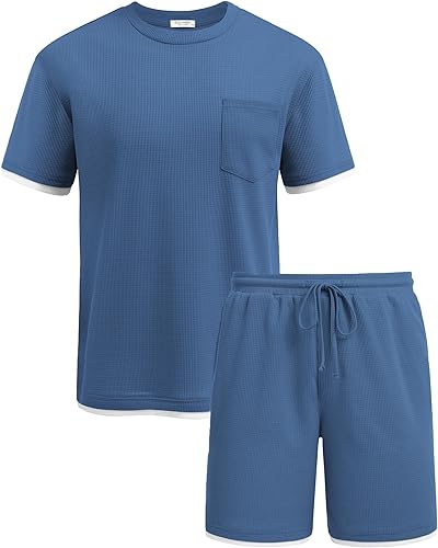 Miniatura 6 de COOFANDY Conjunto de camisa y pantalones cortos de gofre para hombre, conjunto de 2 piezas, conjunto casual de verano con bolsillos