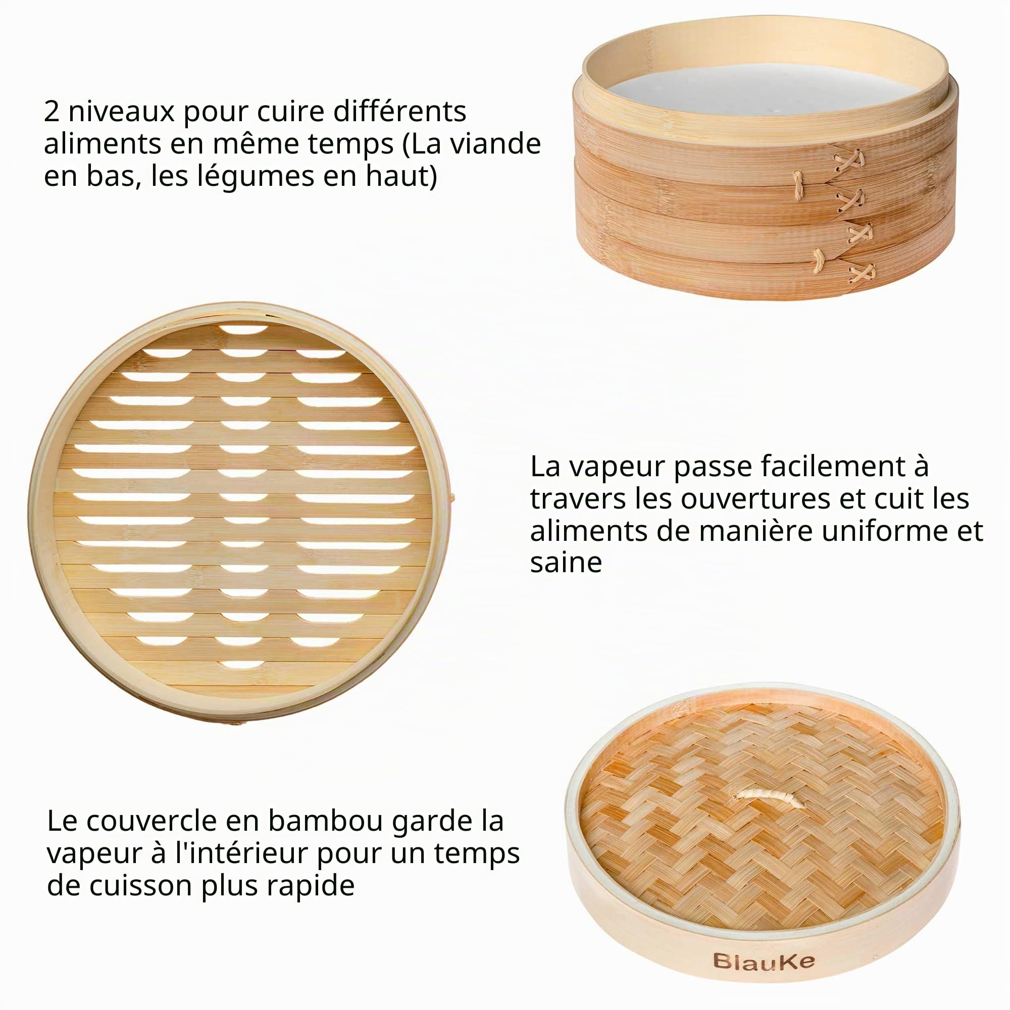 Panier vapeur en bambou de 25 cm avec baguettes, pinces, 50 doublures en papier – Cuiseur vapeur à 2 étages pour la cuisson des boulettes, légumes, viande, poisson, riz BlauKe