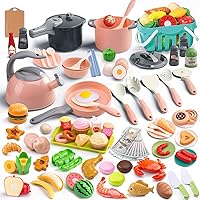 Funpynani 130pcs Pink Kitchen Playset for Toddlers - Pretend Cooking Pots, Pans, Peel & Cut Foods, Pressure Cooker, Shopping Basket, Play Money