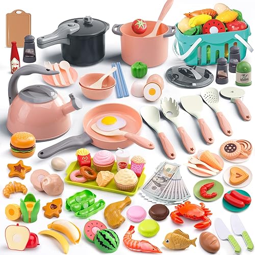 Vista 13 de 80 piezas de juego de cocina, juego de cocina de imitación para niños pequeños con ollas, sartenes, utensilios de cocina, alimentos, manta de Azul