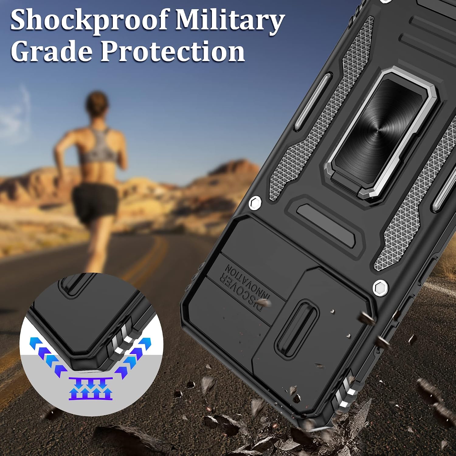 Galaxy S22 Case, S22 Case with Slide Camera Cover and HD Screen Protector, Shockproof Samsung S22 Case with 360° Magnetic Ring Holder Kickstand Phone Case for Samsung S22 Black