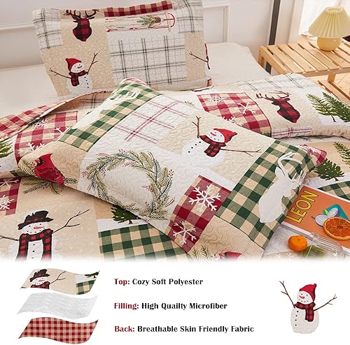 Miniatura 4 de Juego de edredón de Navidad tamaño matrimonialqueen, colcha reversible de 3 piezas, diseño de árbol de muñeco de nieve para decoración de cama de