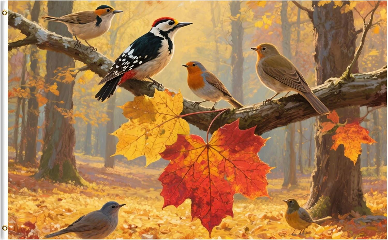 Fall Cute Birds at Branch Maple Leaves Autumn Forest Landscape 5x8 Feet Flag, Polyester Double Stitched with Brass Grommets 5 X 8 Ft Flag for Outdoor Indoor Home Decor