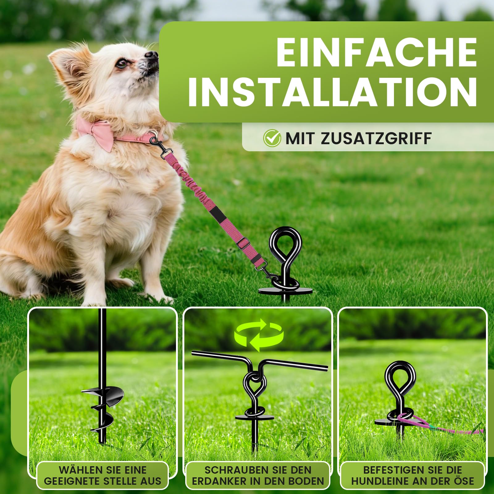 Piquet Ancrage pour Chien à 360°, Supportant jusqu'à 220lbs pour Petit, Moyen ou Grand Chien, Piquet Patio, Camping, Plage (Noir)