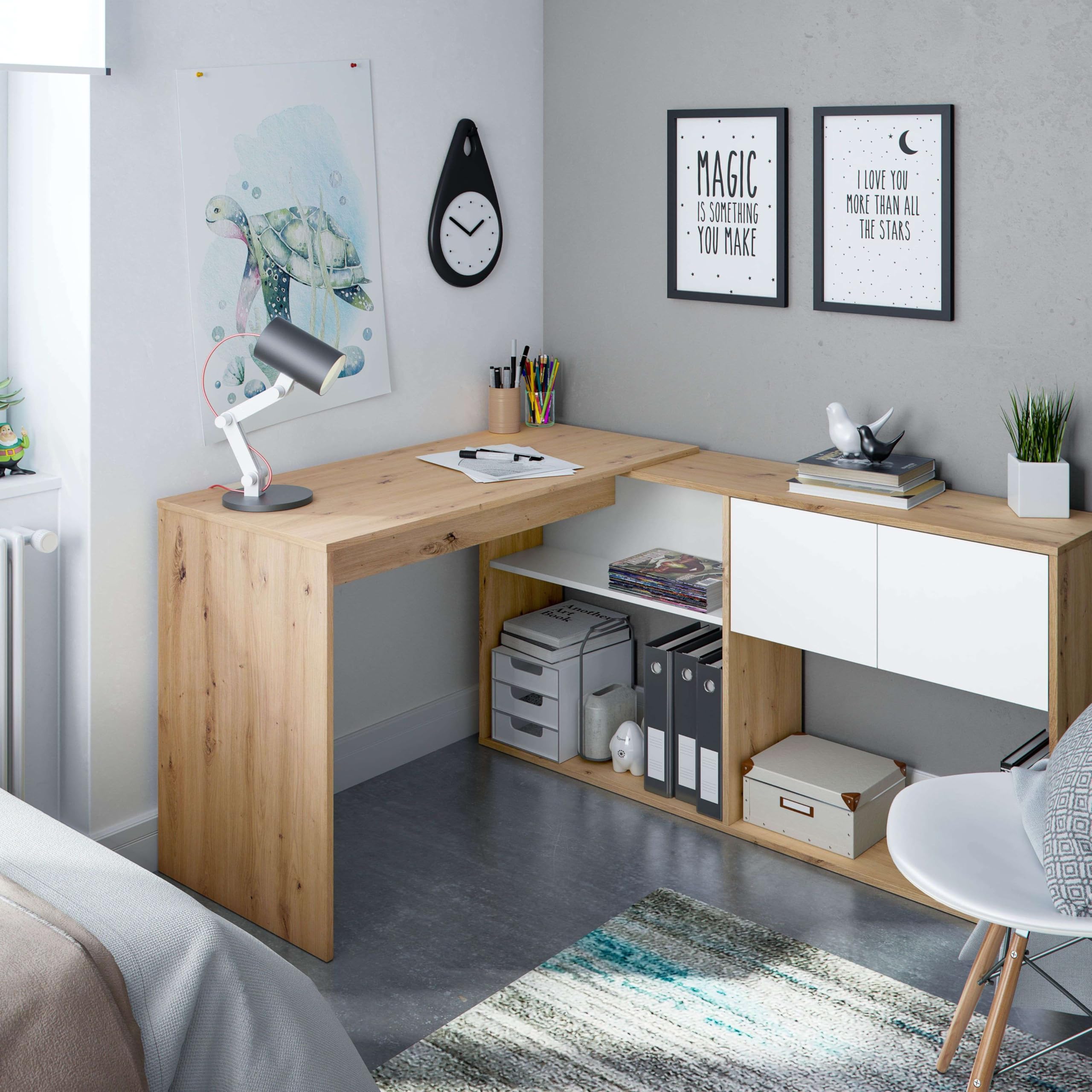 Habitdesign Mesa-Estantería Reversible de 3 Posiciones, Escritorio, Librería, Sistema de Almacenaje, Modelo Duo, Acabado en Color Roble Nodi y Blanco Artik