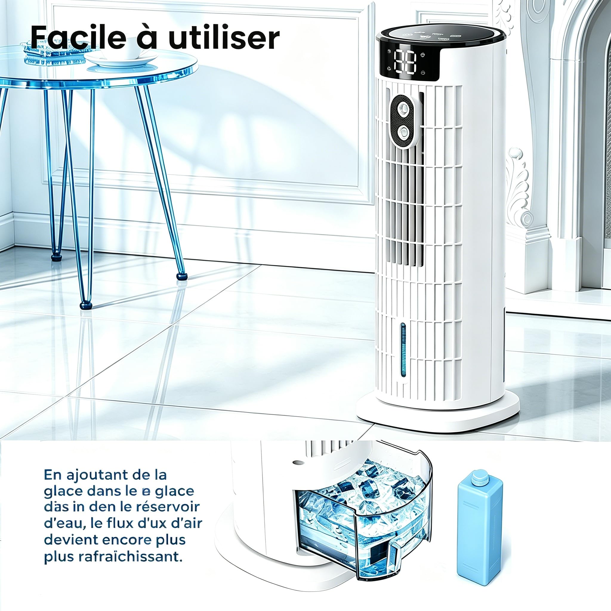 Climatiseur Mobile Silencieux Refroidisseur d'Air,Ultra-élevée,Refroidissement par Brume Froide, Timer 2-10h,6 Vitesses de Ventilation, 2 Modes,3 Niveaux Réglables, Oscillation 90°,pour Chambre,Bureau