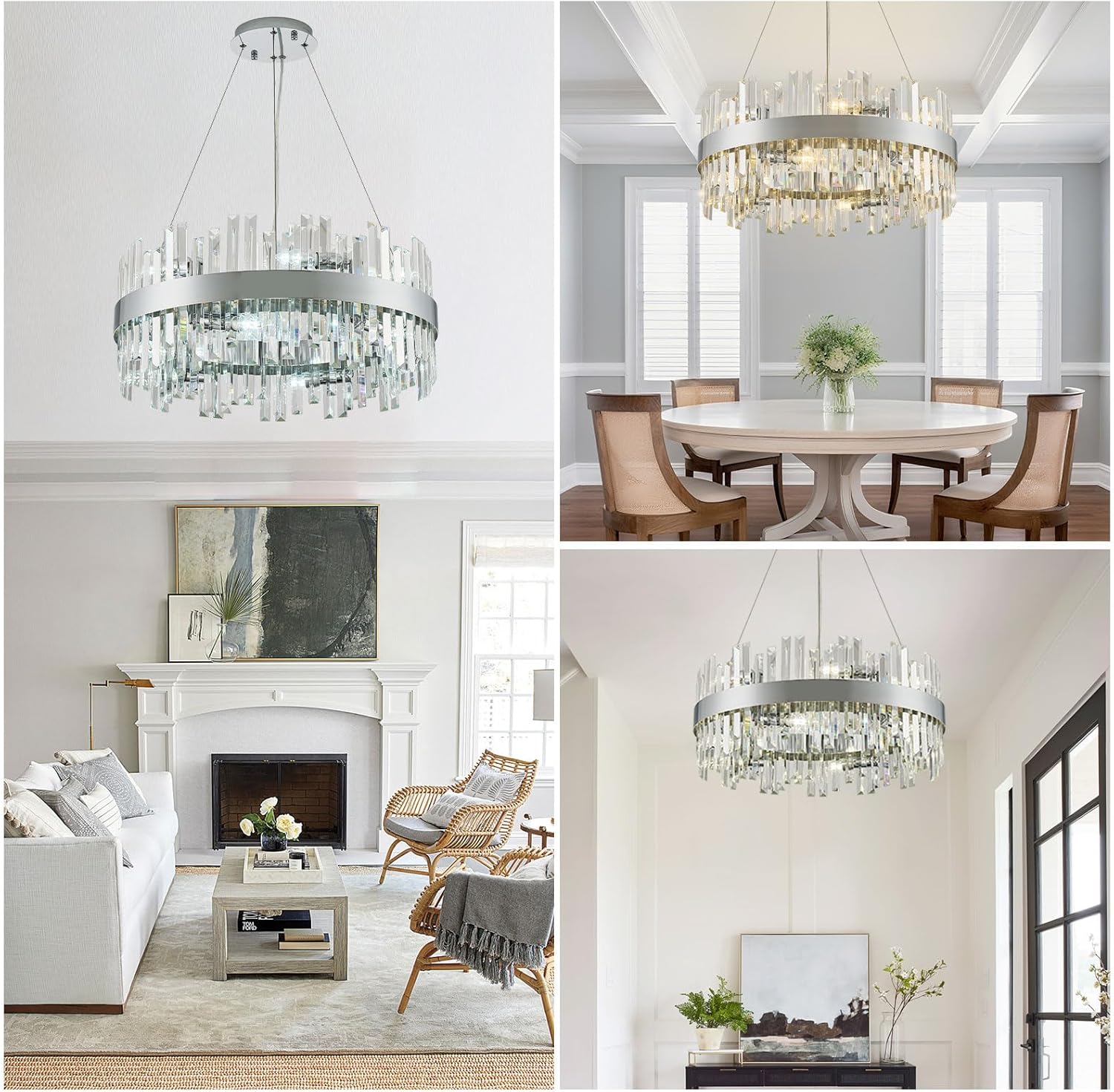 24'' Modern Chrome Crystal Chandeliers for Dining Room,2 Tiers 12 Lights Raindrop Round Chandelier Adjustable Height,Luxury Dimmable Pendant Ceiling Light for Living Room Kitchen Island Foyer