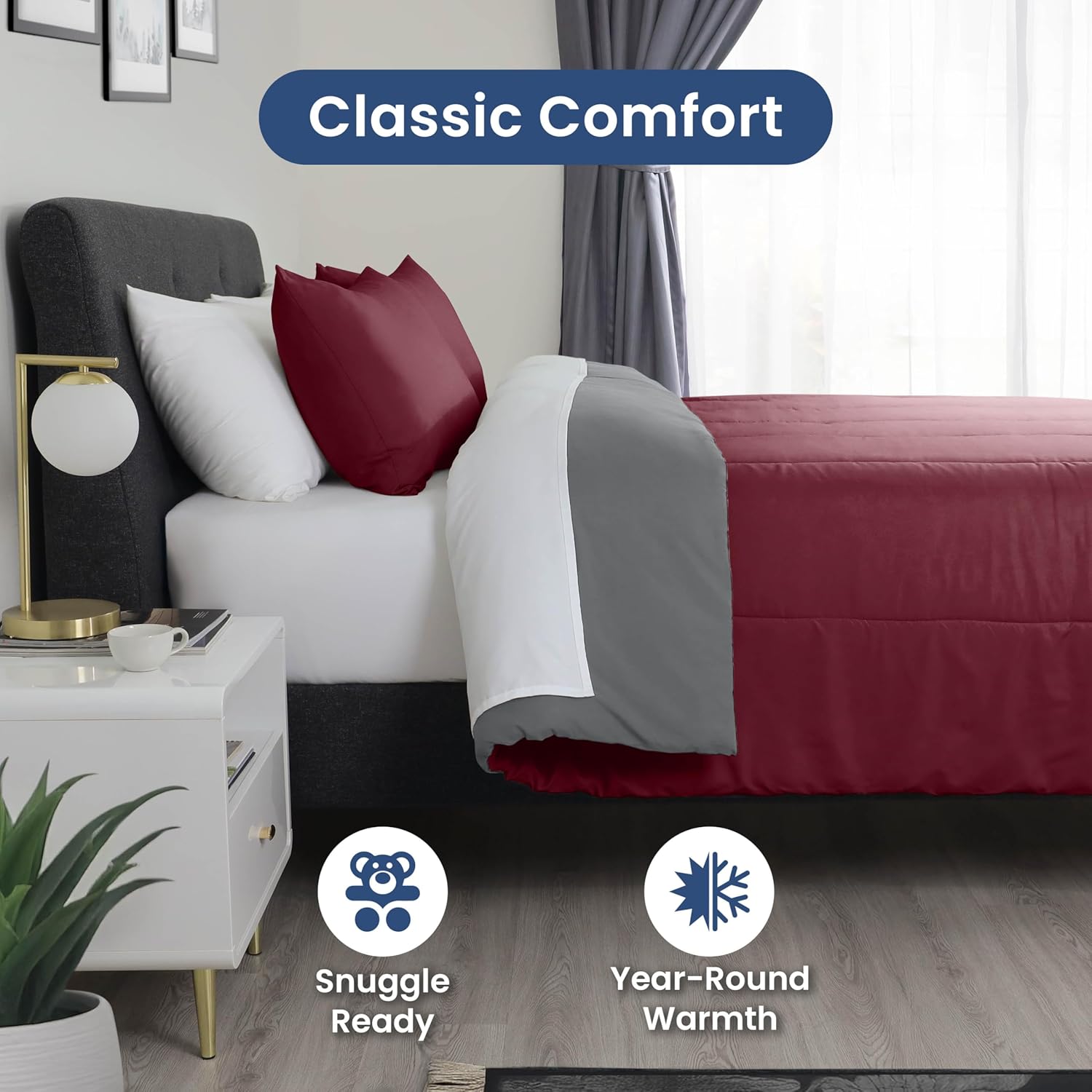 Martex 3-Piece Reversible Comforter Set – Full/Queen Comforter Set – for Full Size Bed & Queen Size Bed - Versatile Room Decor – Durable Bedding Set – Machine Washable – Super Soft – Burgundy/Grey
