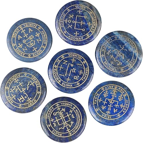 Miniatura 2 de mookaitedecor Paquete - 2 Artículos 7 Piedras de Lapislázuli con Símbolo de Arcángel Mágico Grabado Piedra de Palma Pulida y Juego de 25 Piedras de