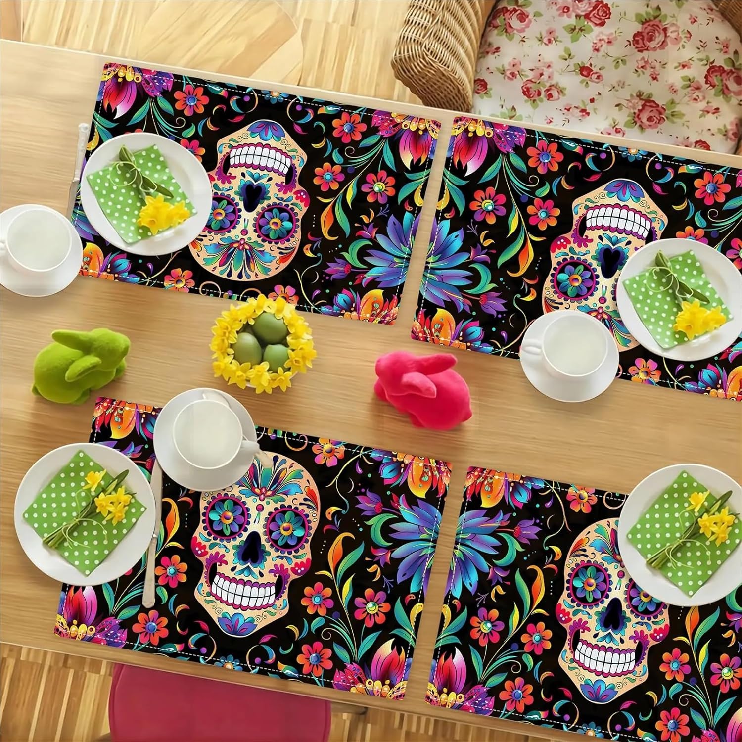 4pcs Day of The Dead Skull Placemats Halloween Sugar Skull Linen Placemat Flower Heat Resistant Dining Table Place for Kitche 12x18''(9)