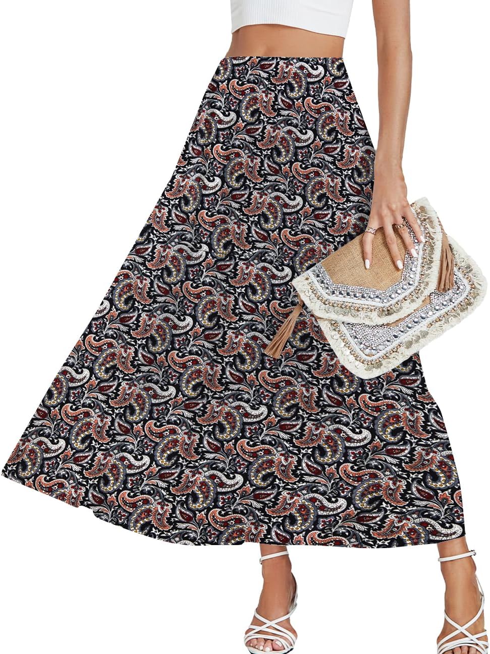 LYANER Women's Elastic High Waisted Ruched Tiered Ruffle Hem Long Skirt with Pockets