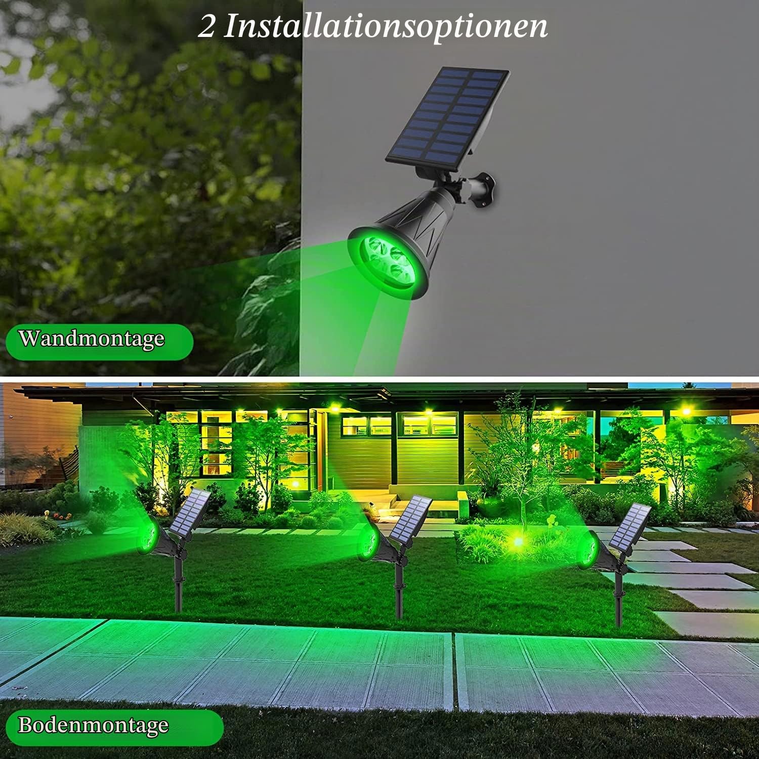 T-SUN Grün Solarlampen für Außen 4 Stück, 4 LED Helle Gartenstrahler mit 2 Modi, IP65 Wasserdicht Solar Strahler, Baumbeleuchtung Aussen, Dusk to Dawn Solarleuchten für Hof Garage Weg Outdoor Pflanzen