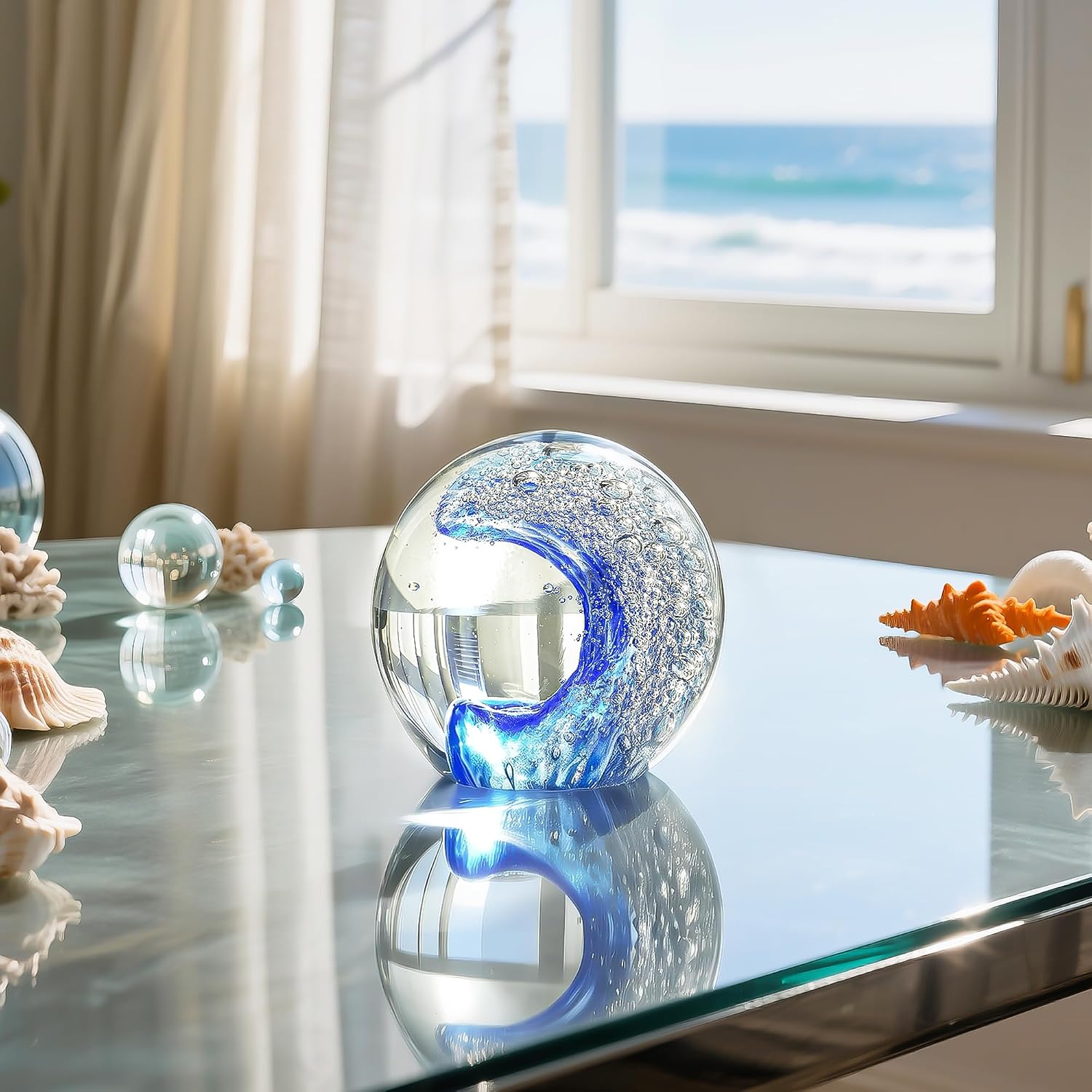 H&D 2.3 Inch Hand Blown Glass Sea Glass Ball Ocean Waves Crystal Ball image 2