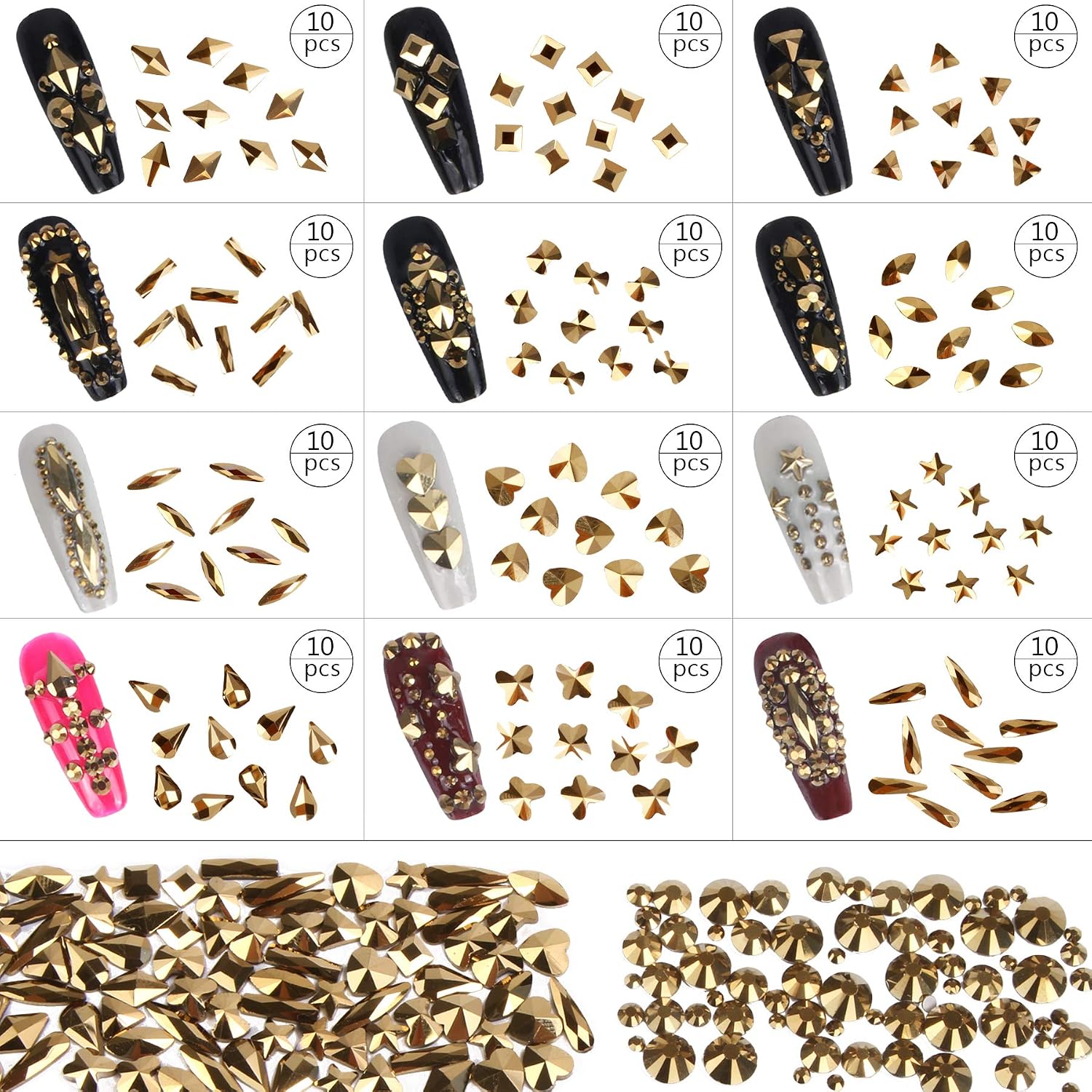 2000PCS AB Crystal Rhinestones Set 120PCS Rhinestones Set 12 Shaped Crystal Nail Rhinestones Set with Tweezer and Picking Pen Shiny Nail Jewels for Nail Art DIY Crafts Phones Clothes (Gold)
